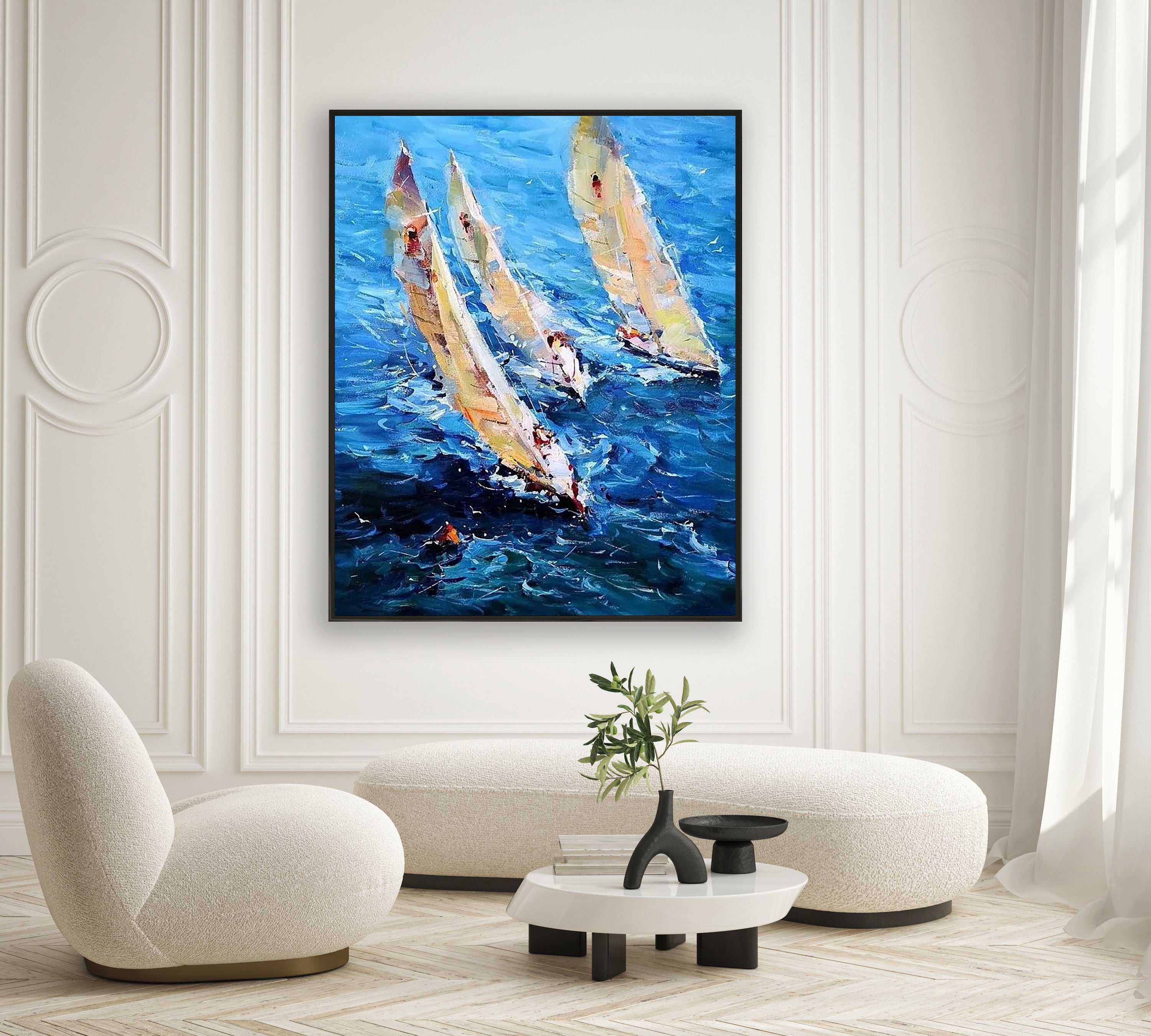 a painting of three sailboats in the ocean