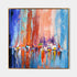 an abstract painting of a cityscape in blue, orange, and pink