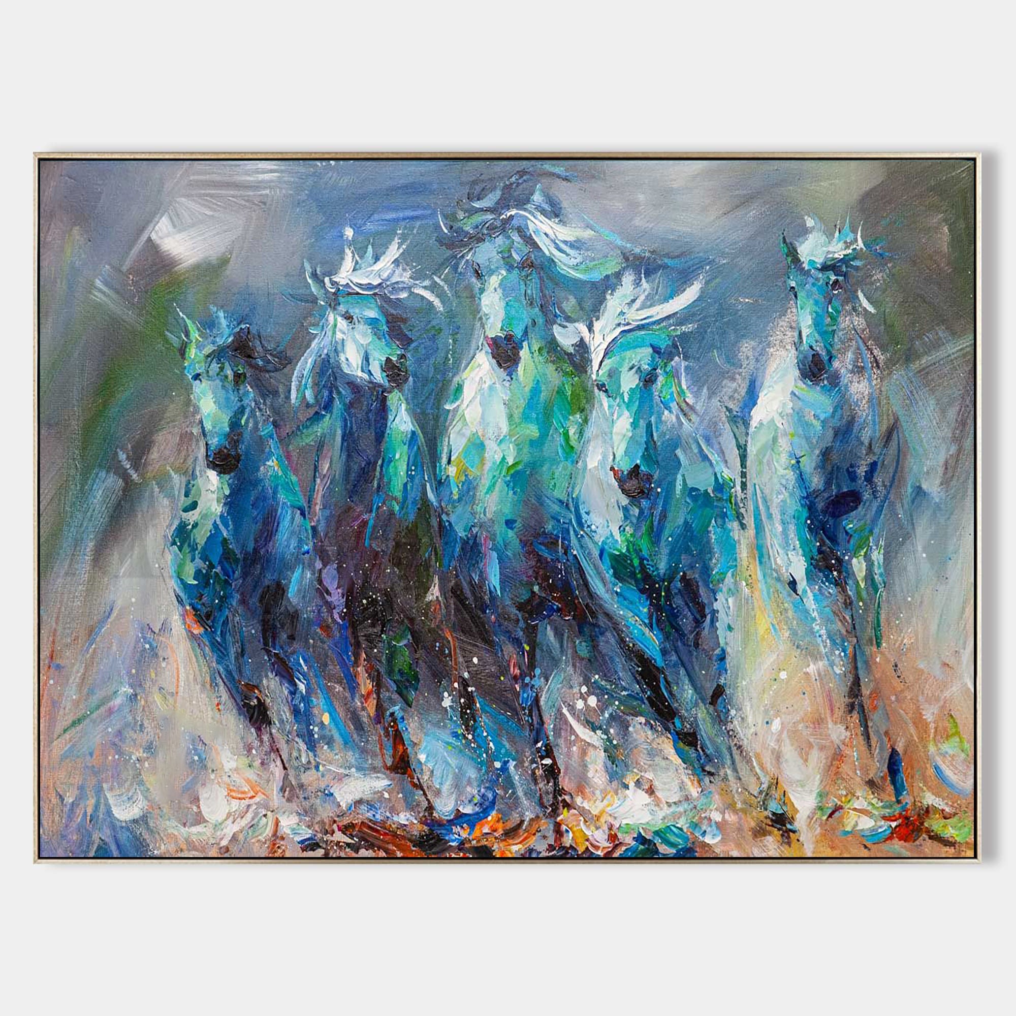 a painting of three horses running in a line