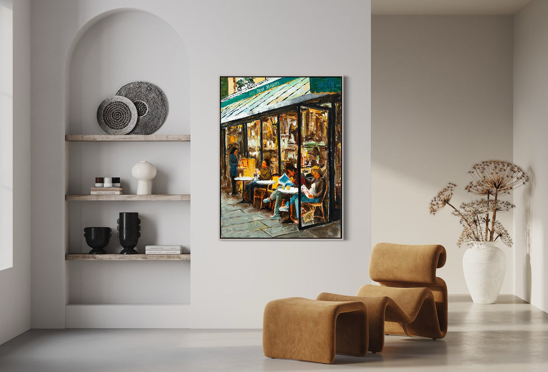 a painting of people sitting at a table in a cafe