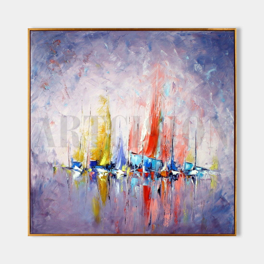 a painting of sailboats on a body of water