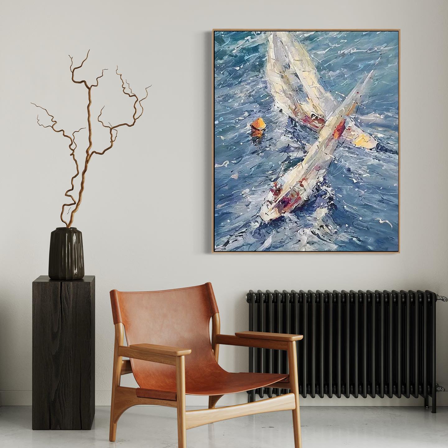 a painting on a wall above a chair next to a radiator