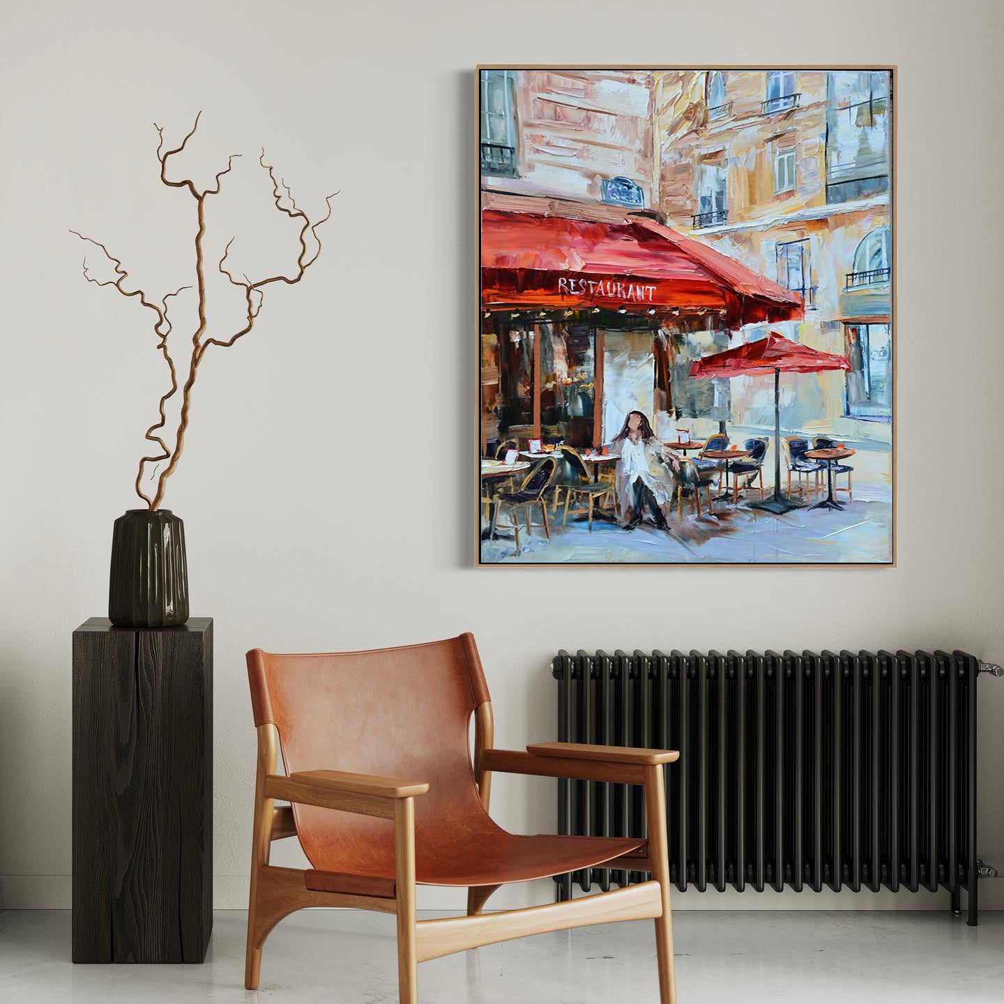 a painting of a cafe with a red umbrella