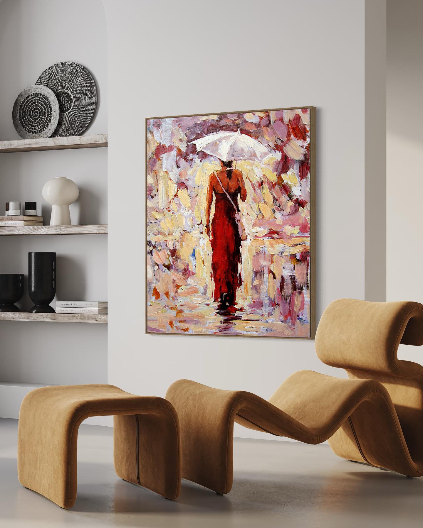 a painting of a woman in a red dress holding an umbrella