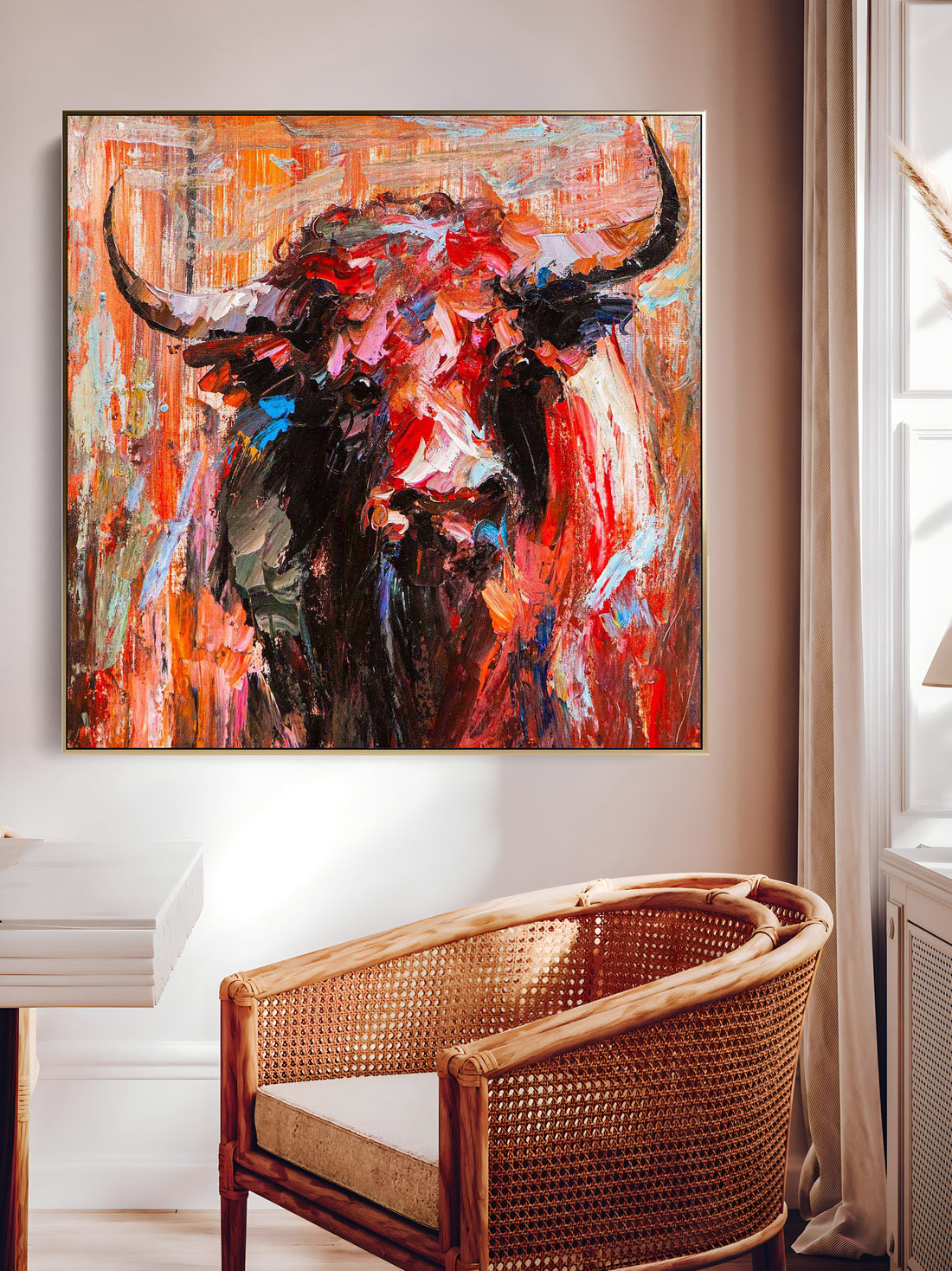 a painting of a bull in a living room