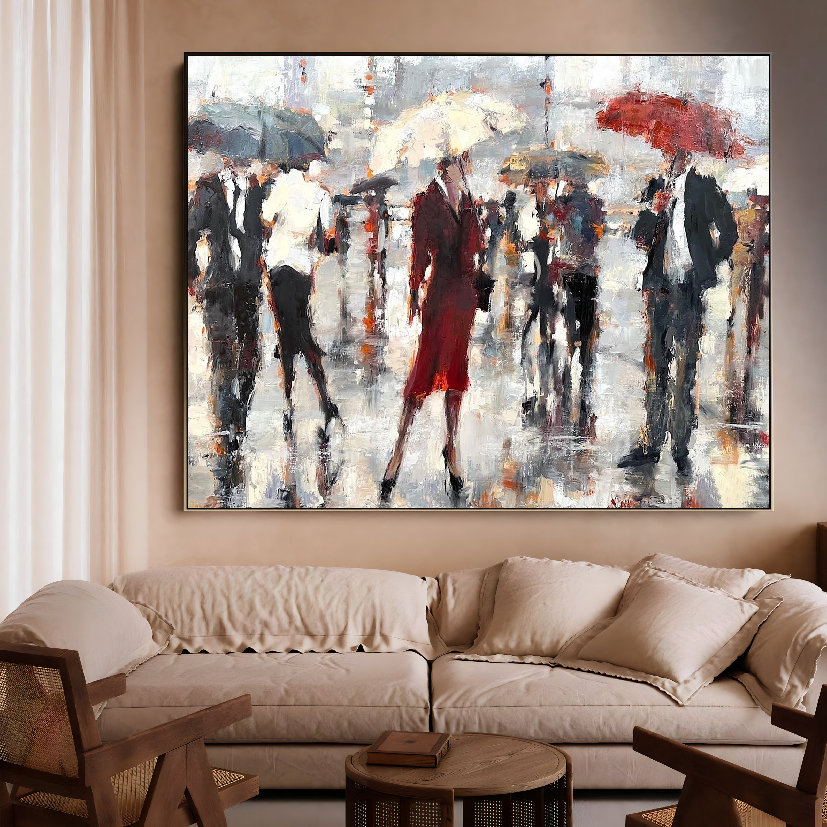 a painting of people walking in the rain with umbrellas