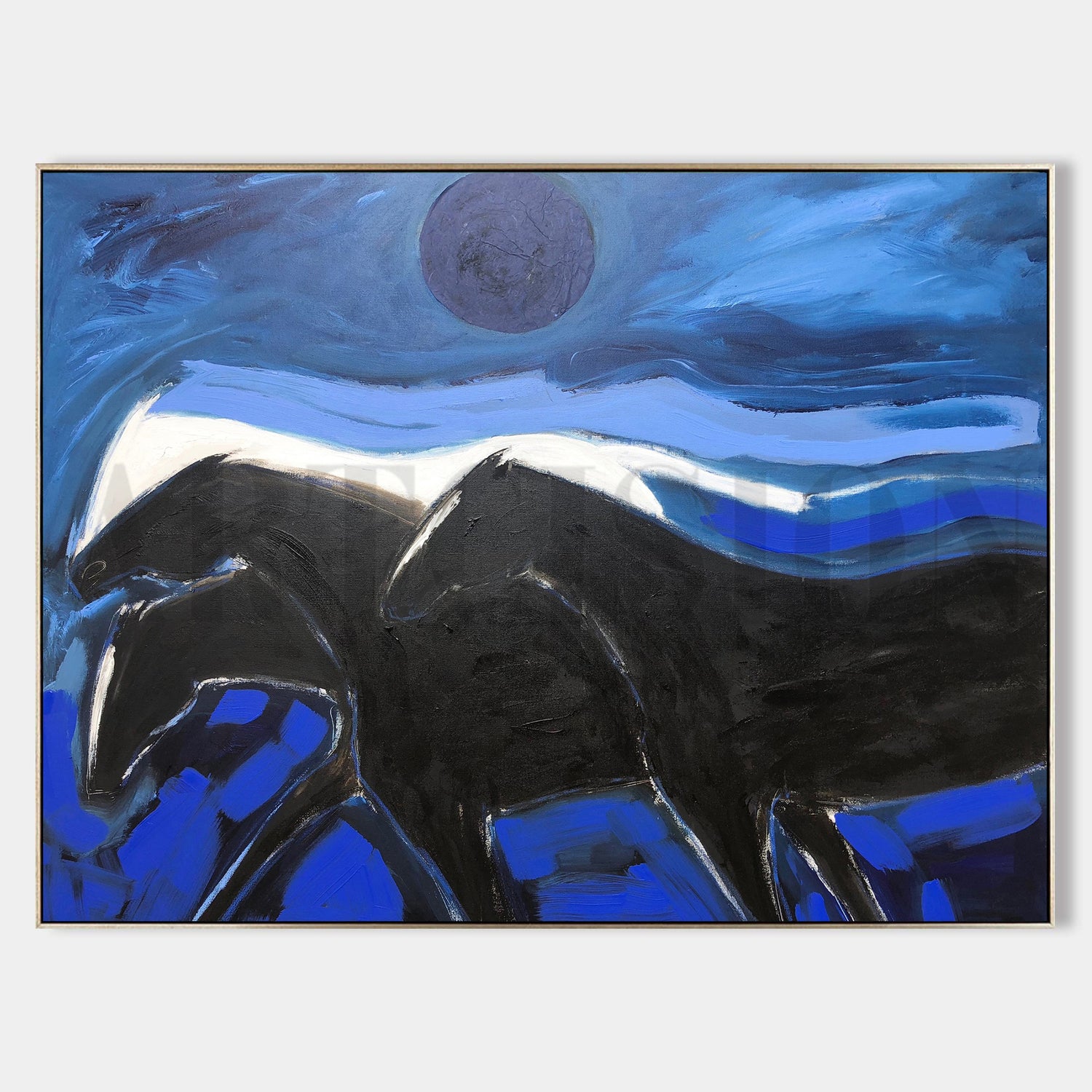 a painting of two horses on a blue background