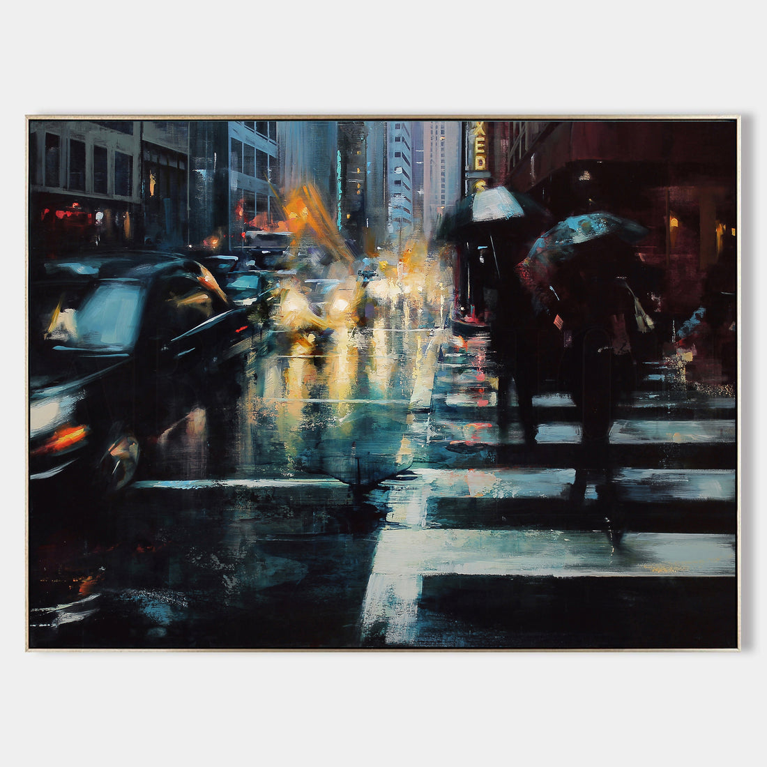 a painting of people with umbrellas on a city street