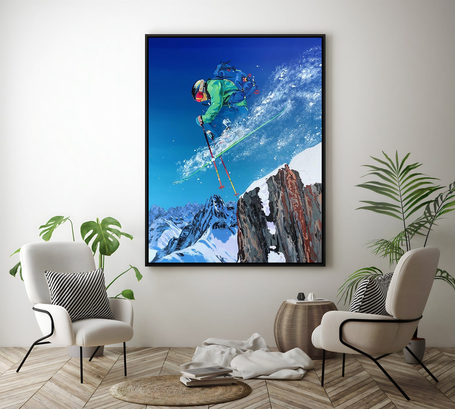 a painting of a person skiing on a mountain