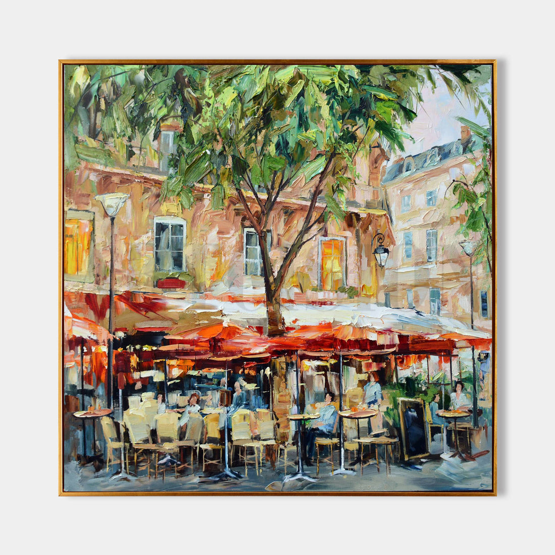 a painting of a restaurant with tables and umbrellas