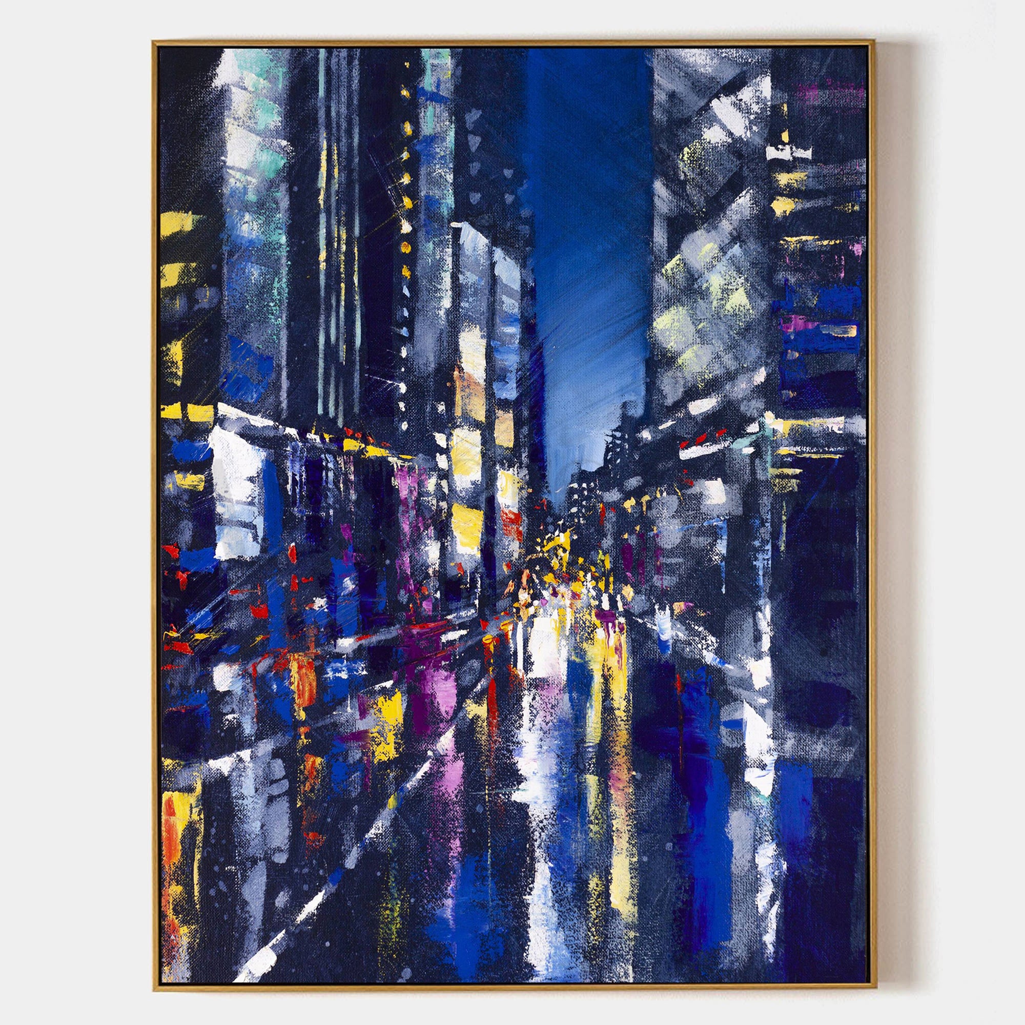 a painting of a city street at night