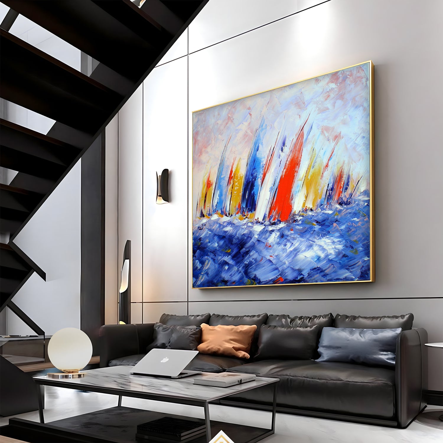 a living room filled with furniture and a painting on the wall