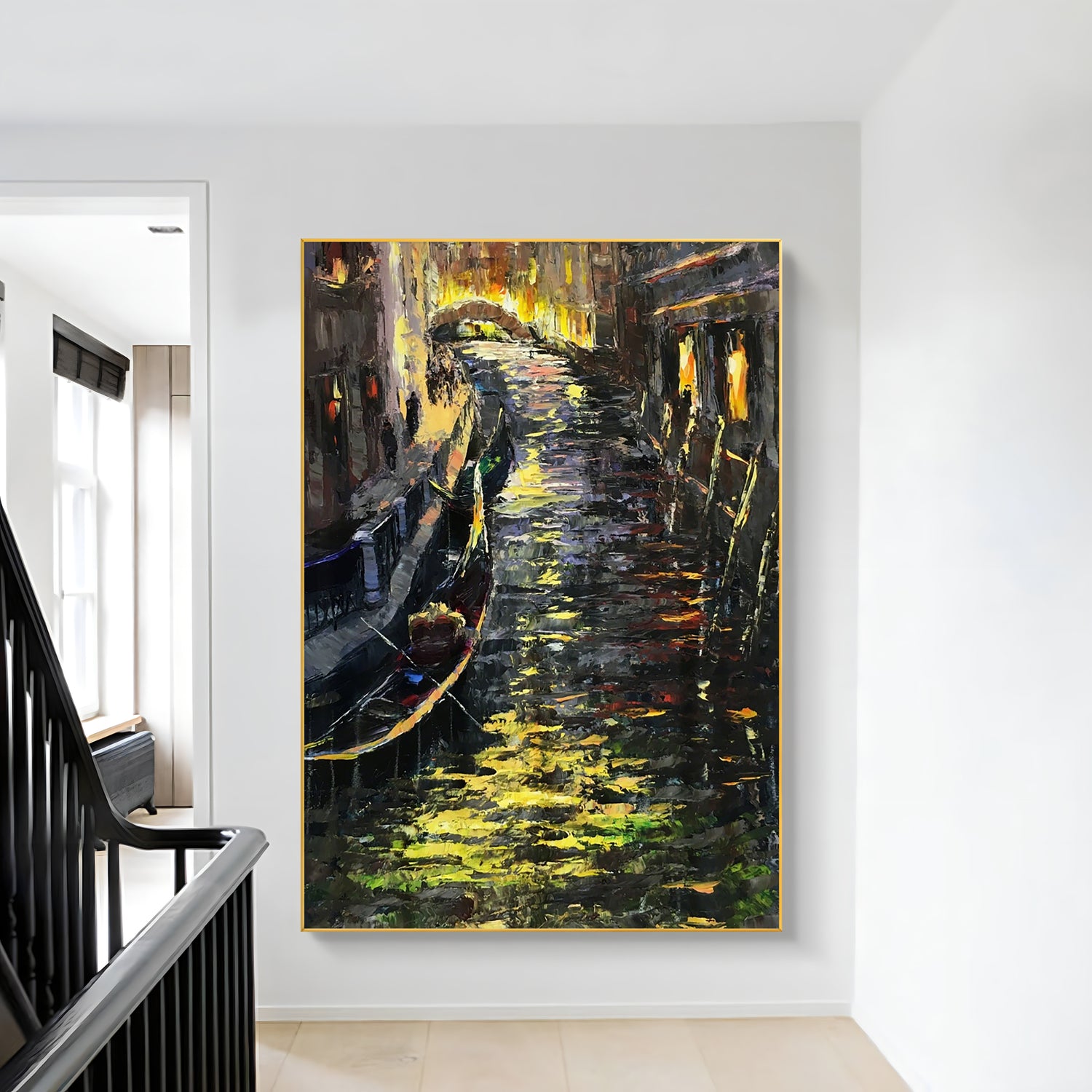 a painting hanging on a wall next to a banister