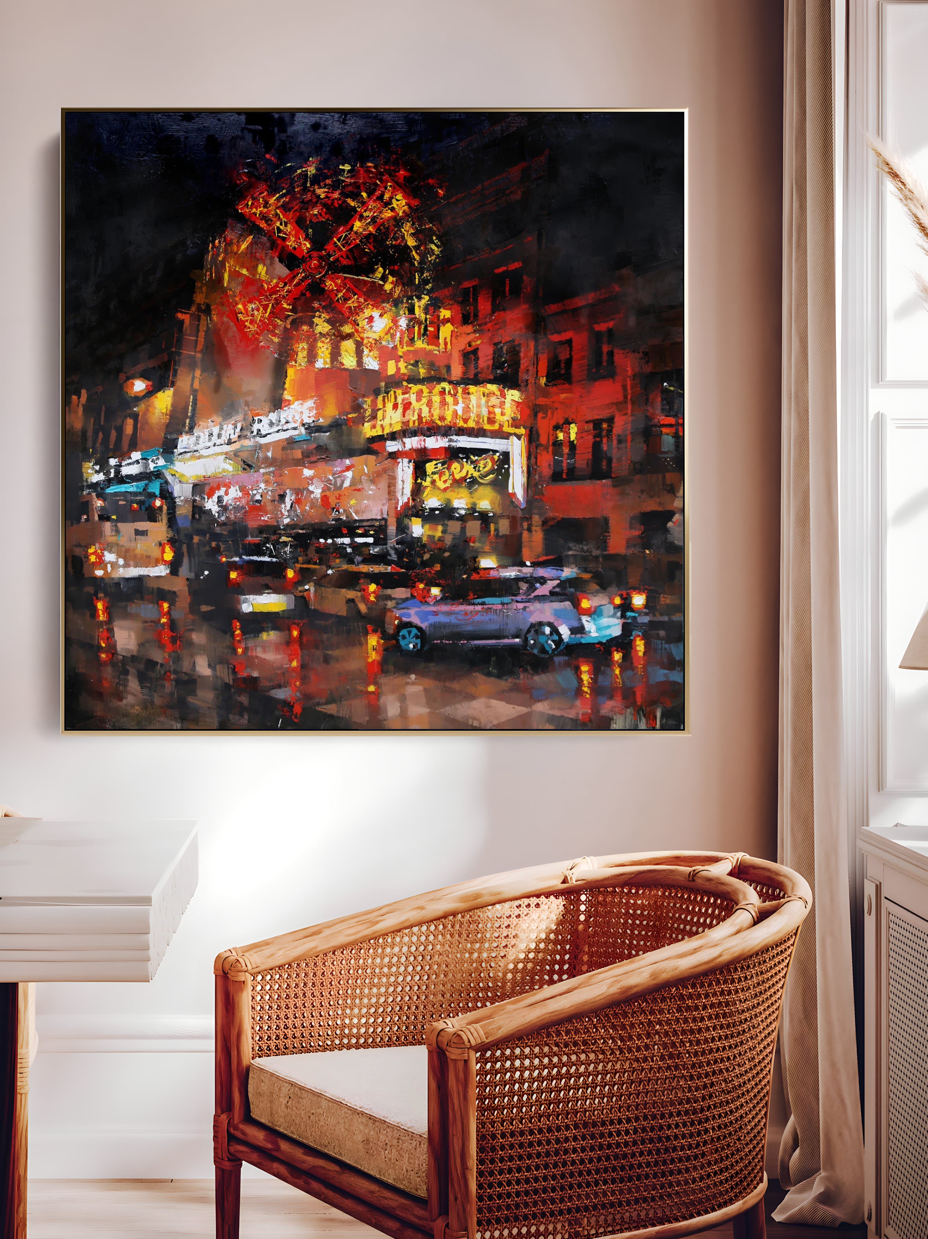a painting of a city street at night
