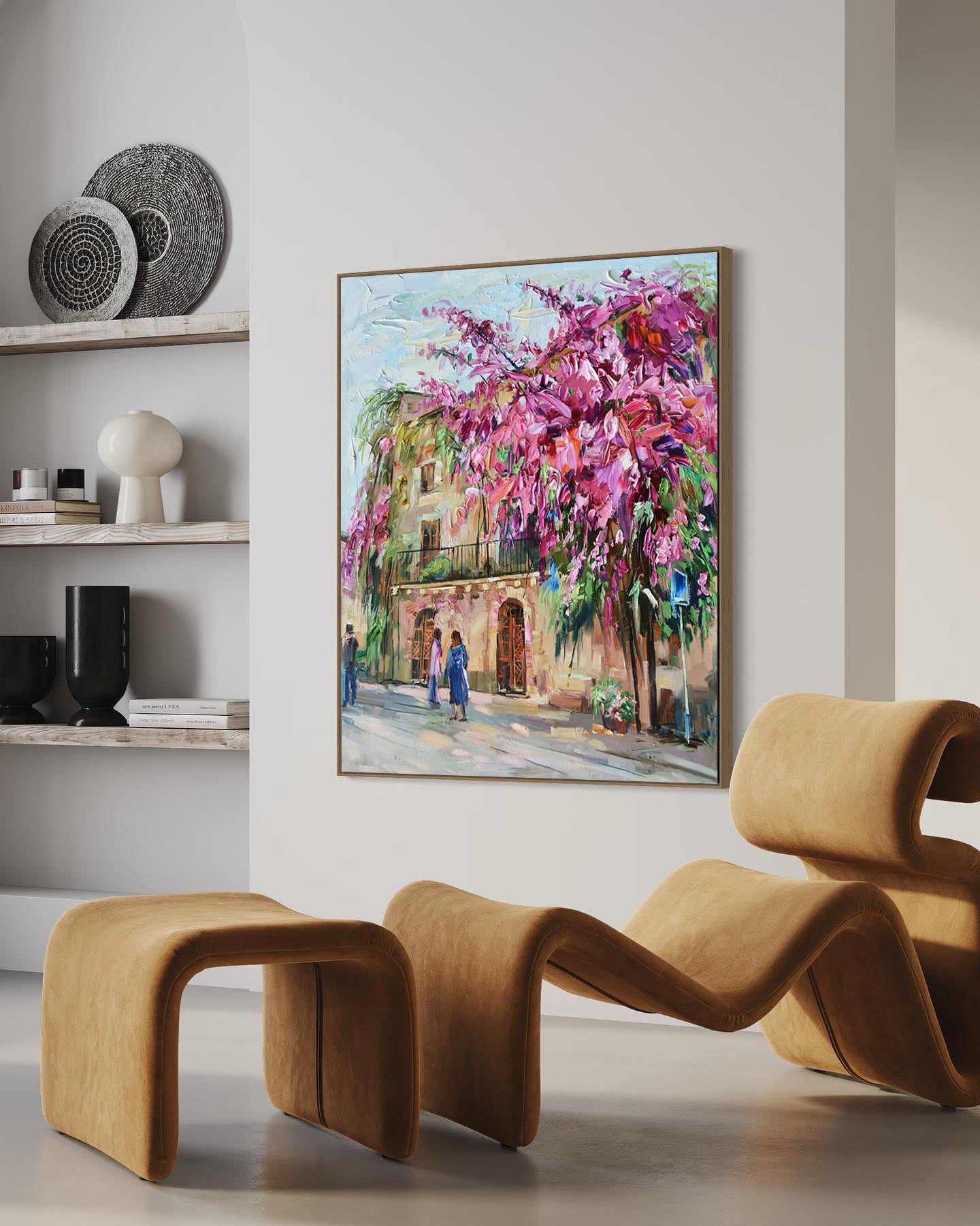 a living room with a painting on the wall