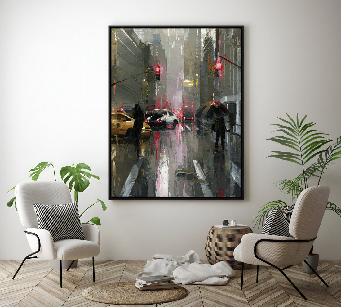 a painting of a city street with people with umbrellas