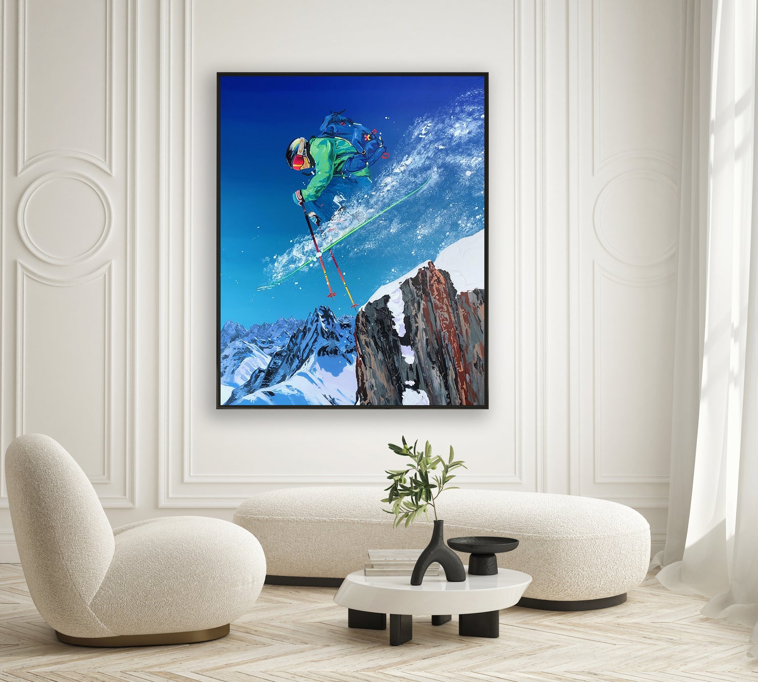 a painting of a person skiing on a mountain