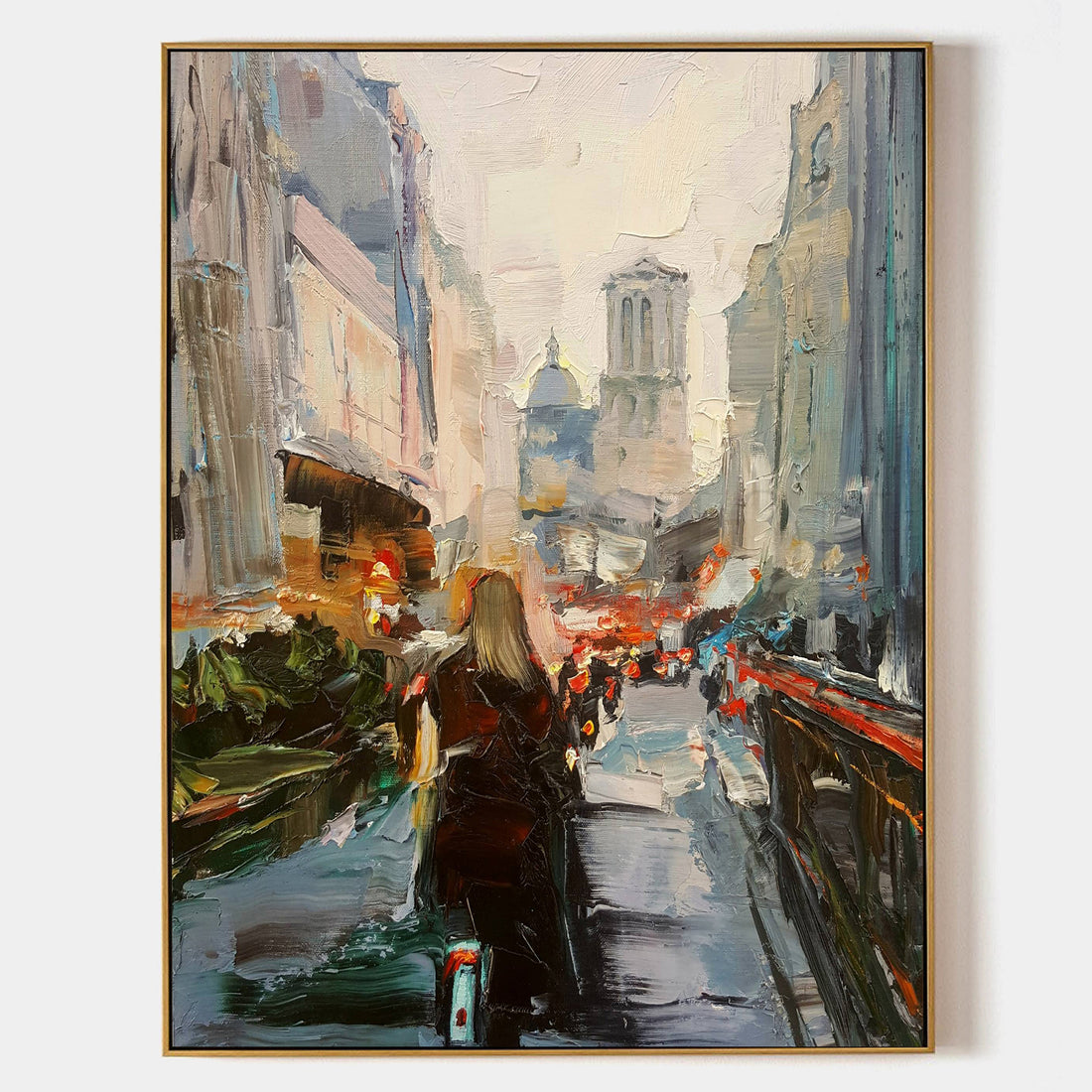 a painting of a woman walking down a city street