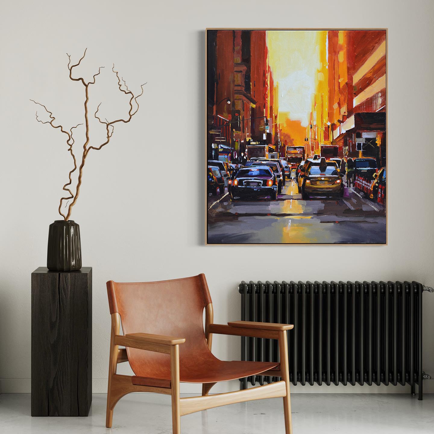 a painting of a city street with cars on the street