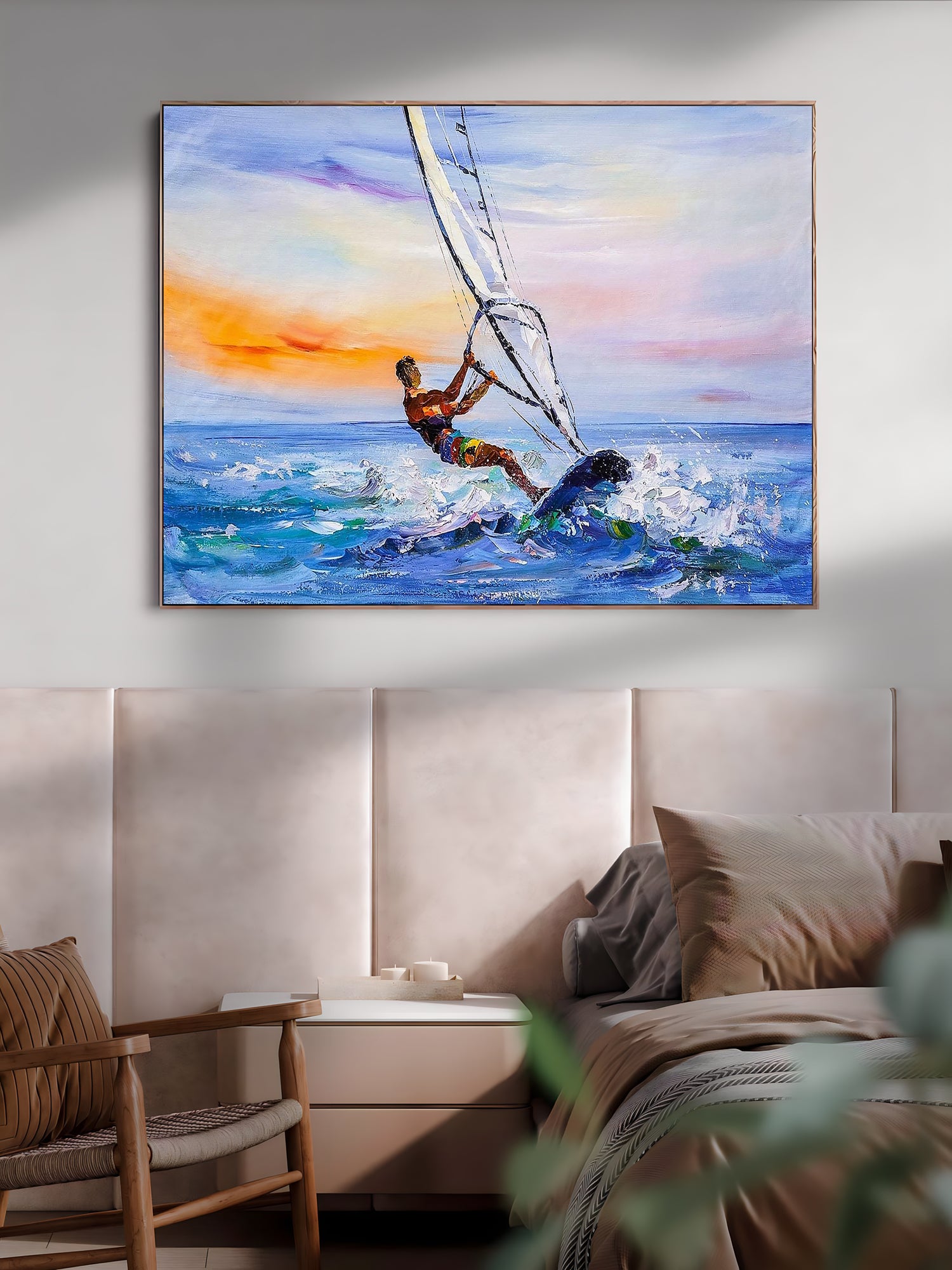 a painting of a person on a surfboard riding a wave