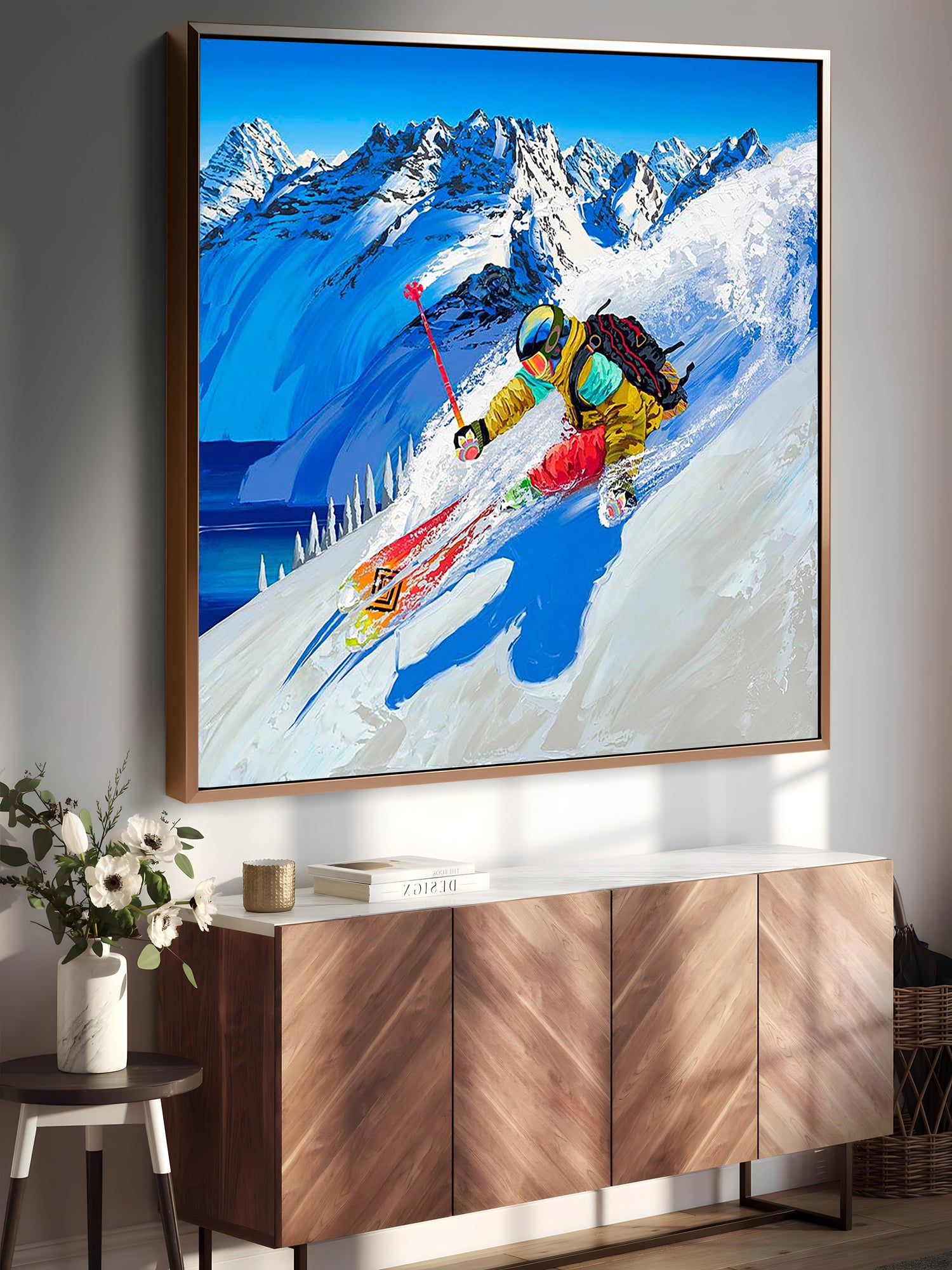 a painting of a person skiing on a mountain