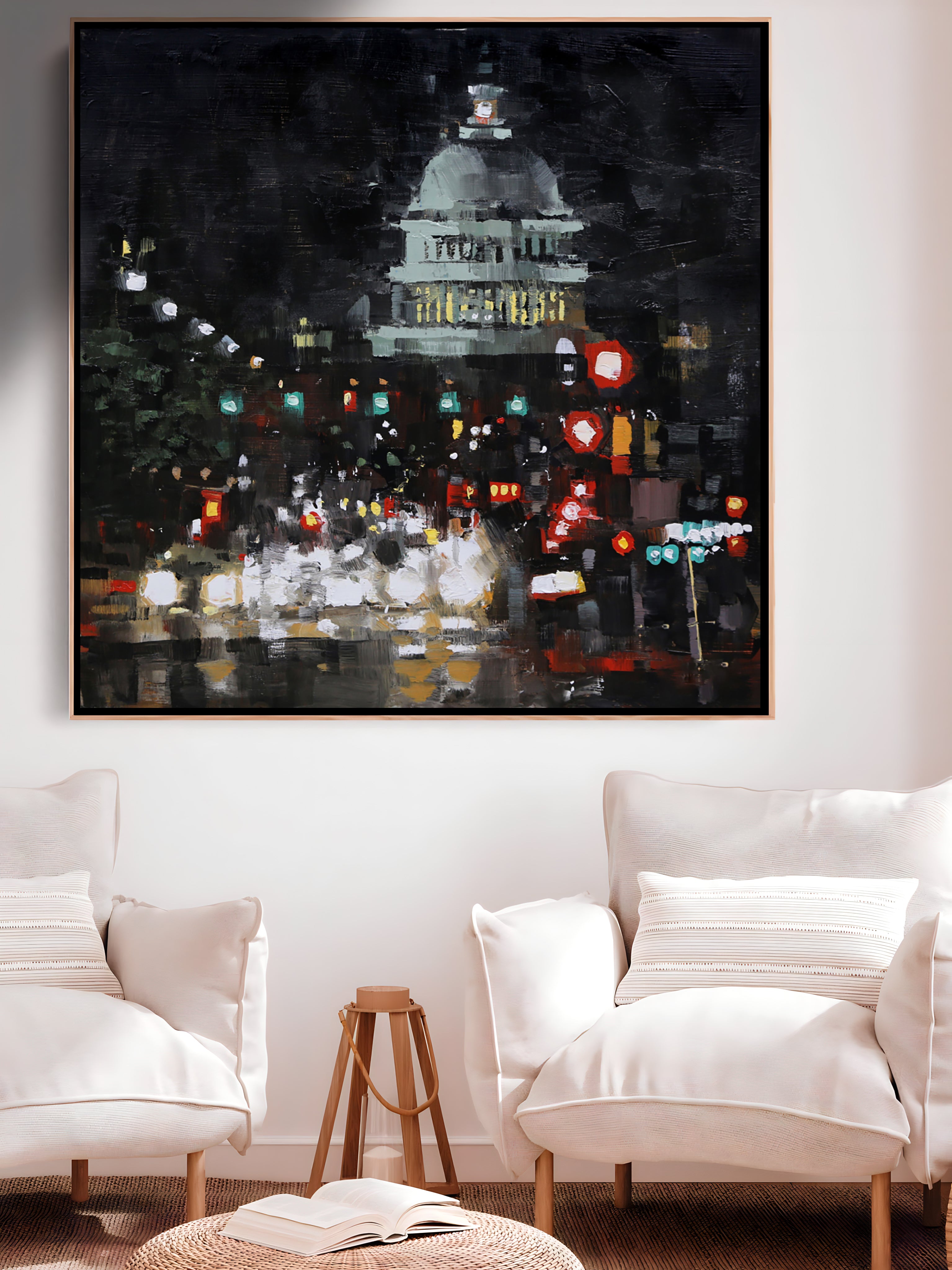 a painting of a city street at night