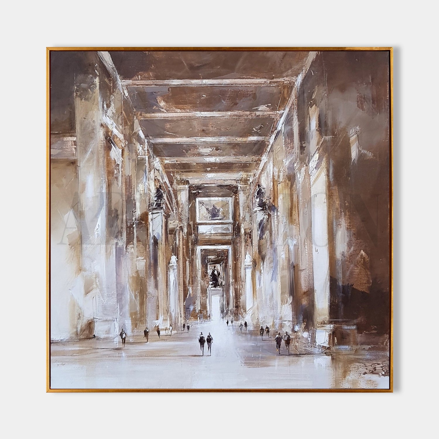 a painting of people walking through a hallway