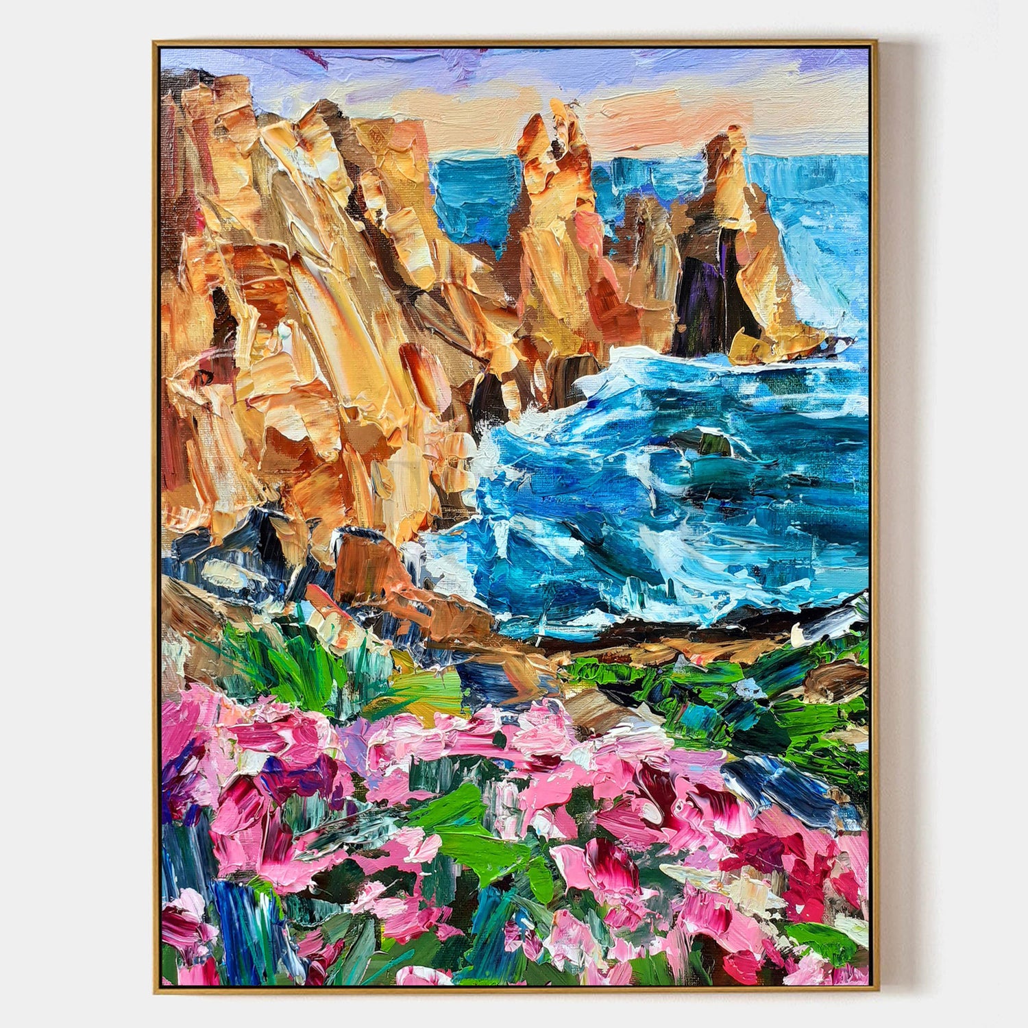 a painting of a rocky coast with pink flowers