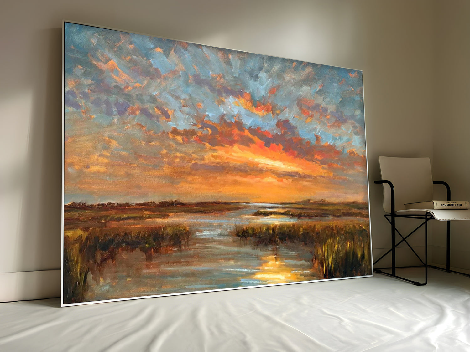 a painting of a sunset over a lake