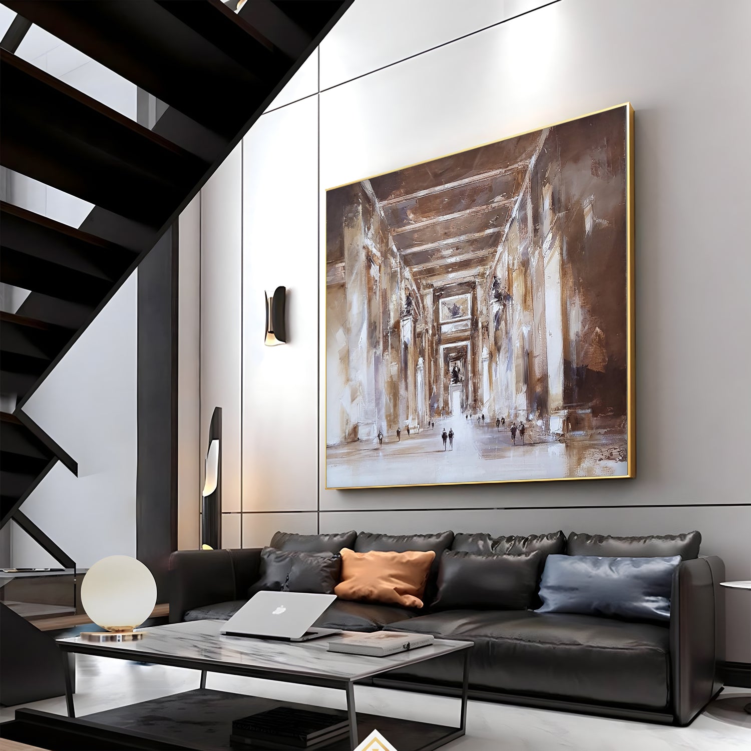 a living room filled with furniture and a painting on the wall