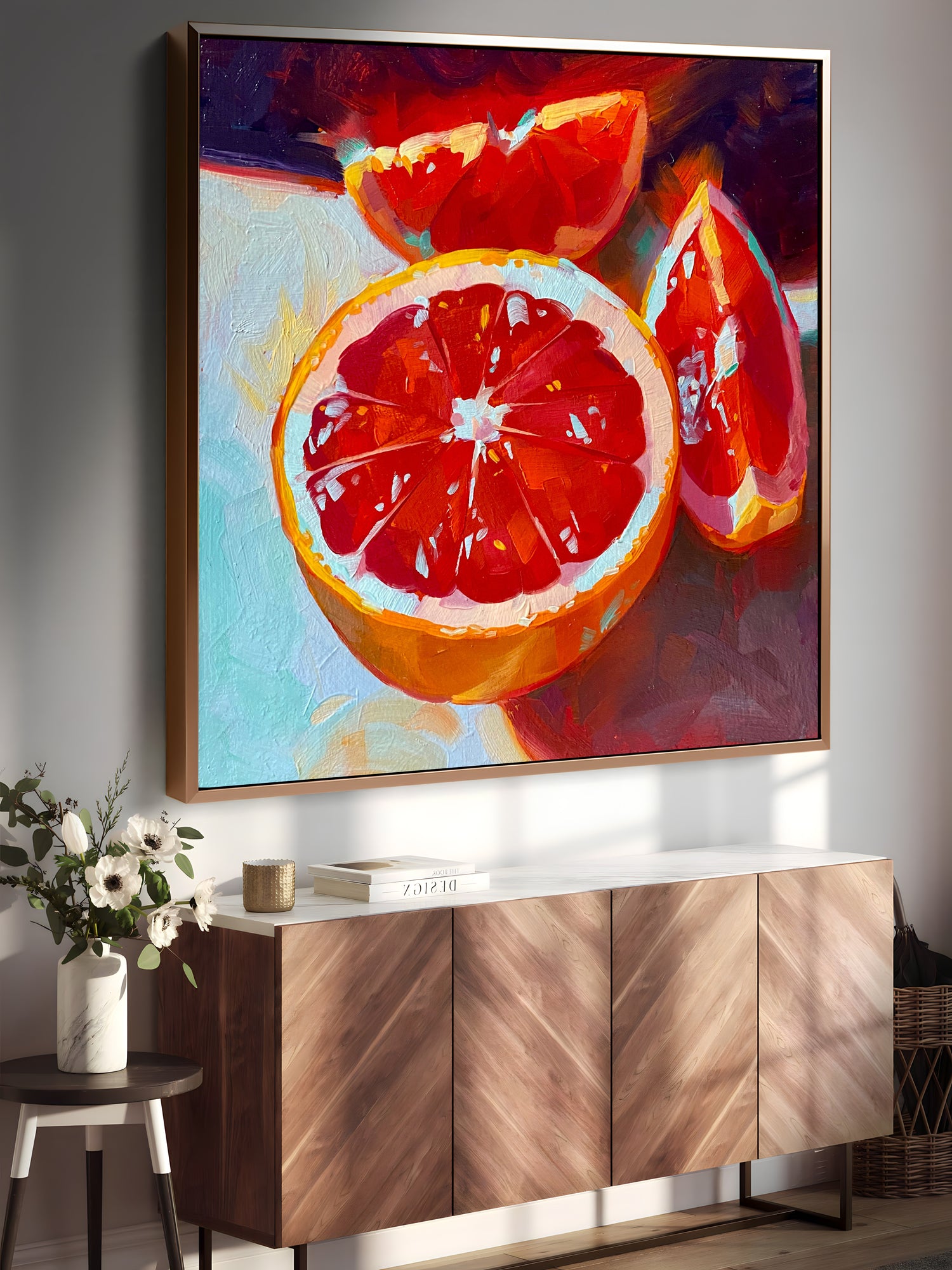 a painting of a grapefruit on a wall