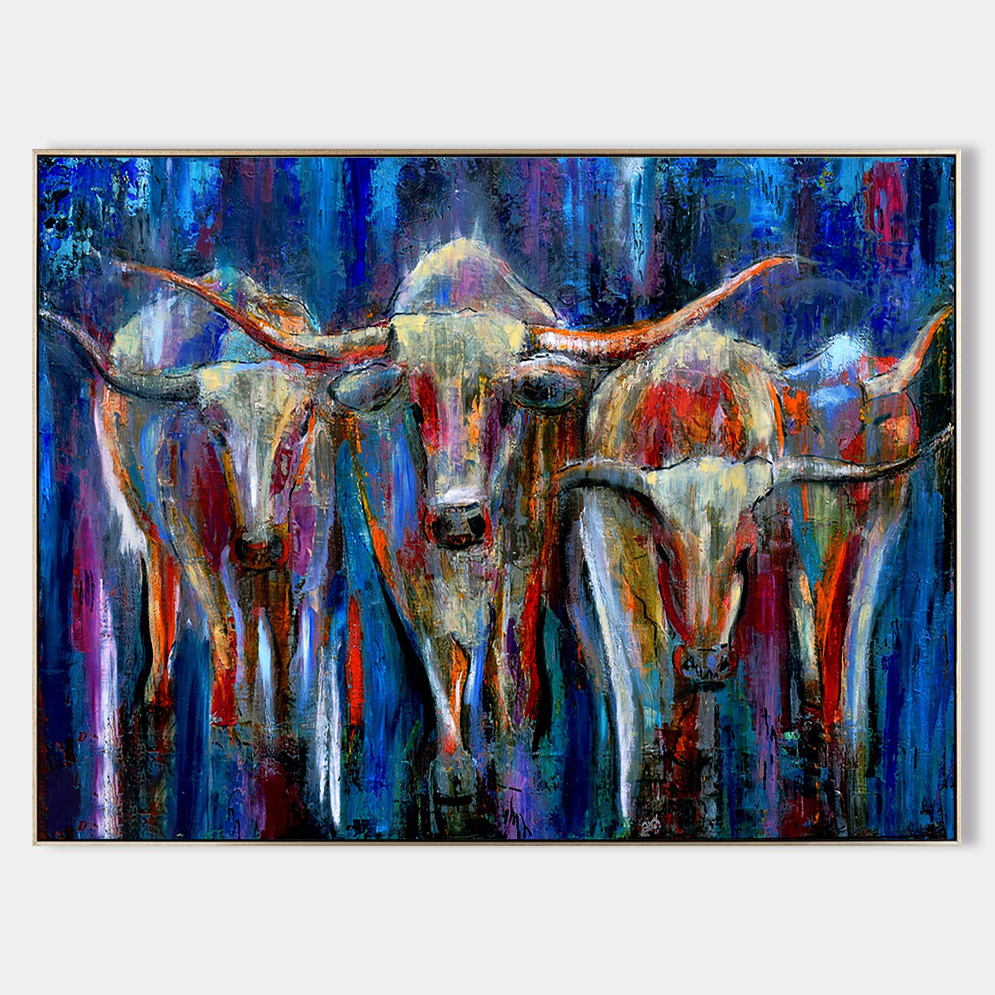 a painting of three cows standing in a row