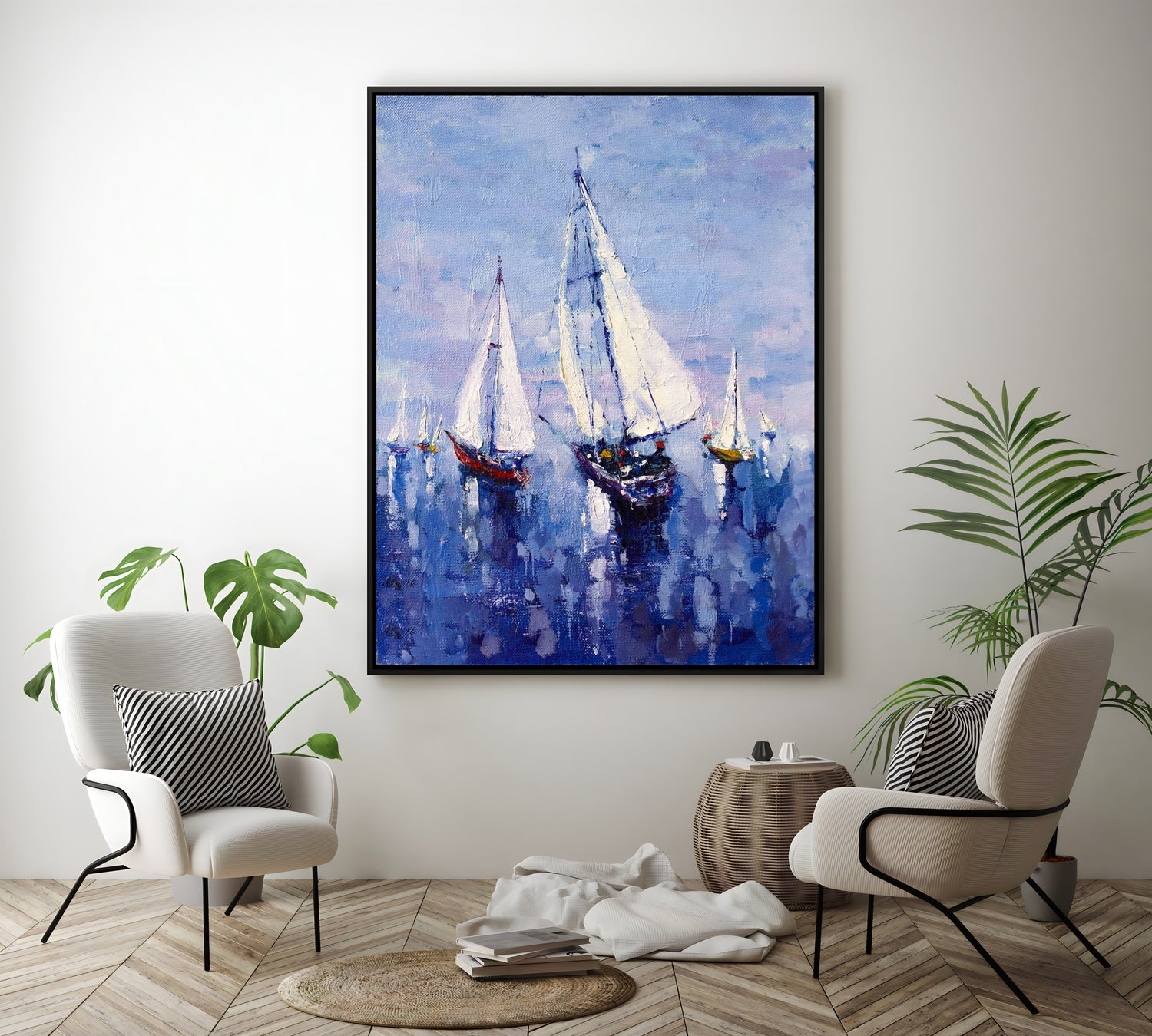 a painting of a sailboat in a blue ocean