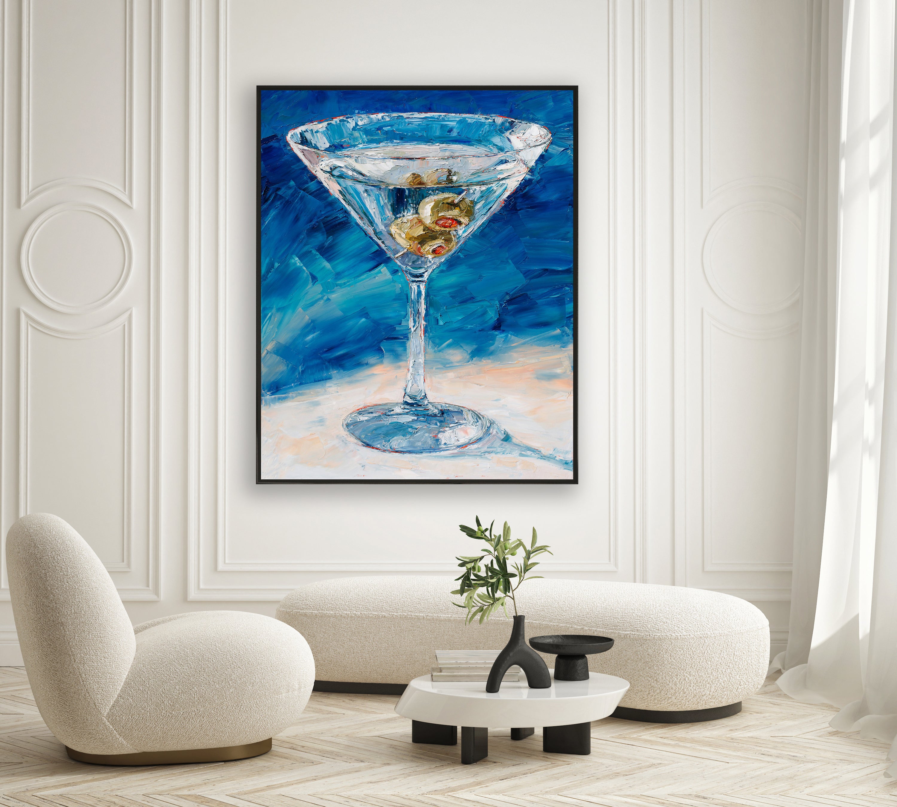 a painting of a martini glass on a wall