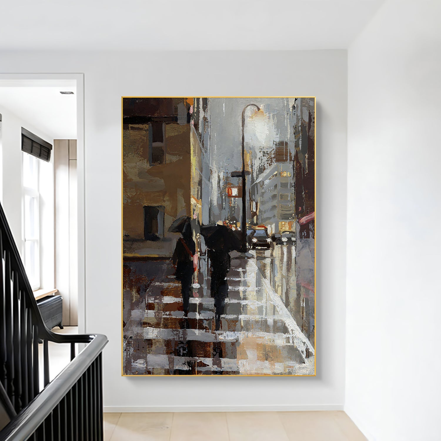 a painting of two people walking down a street