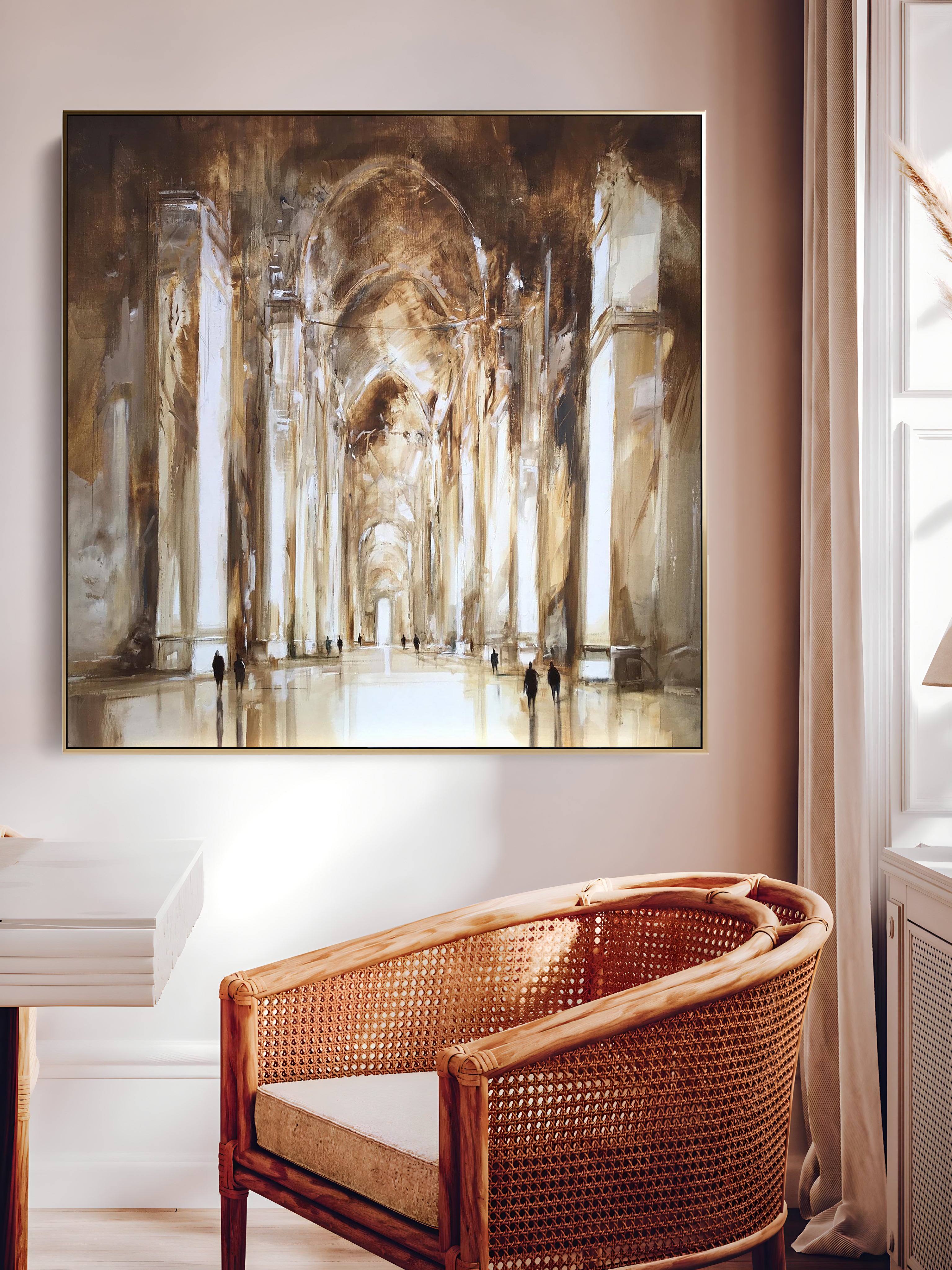 a painting hanging on a wall above a chair