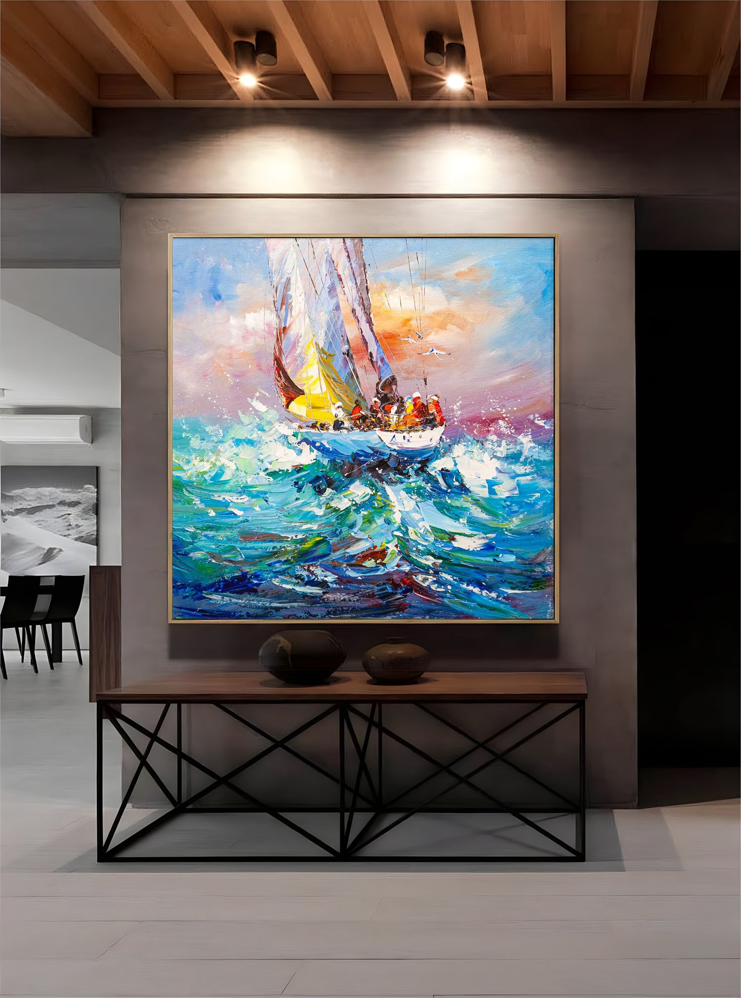 a painting of a sailboat in the ocean