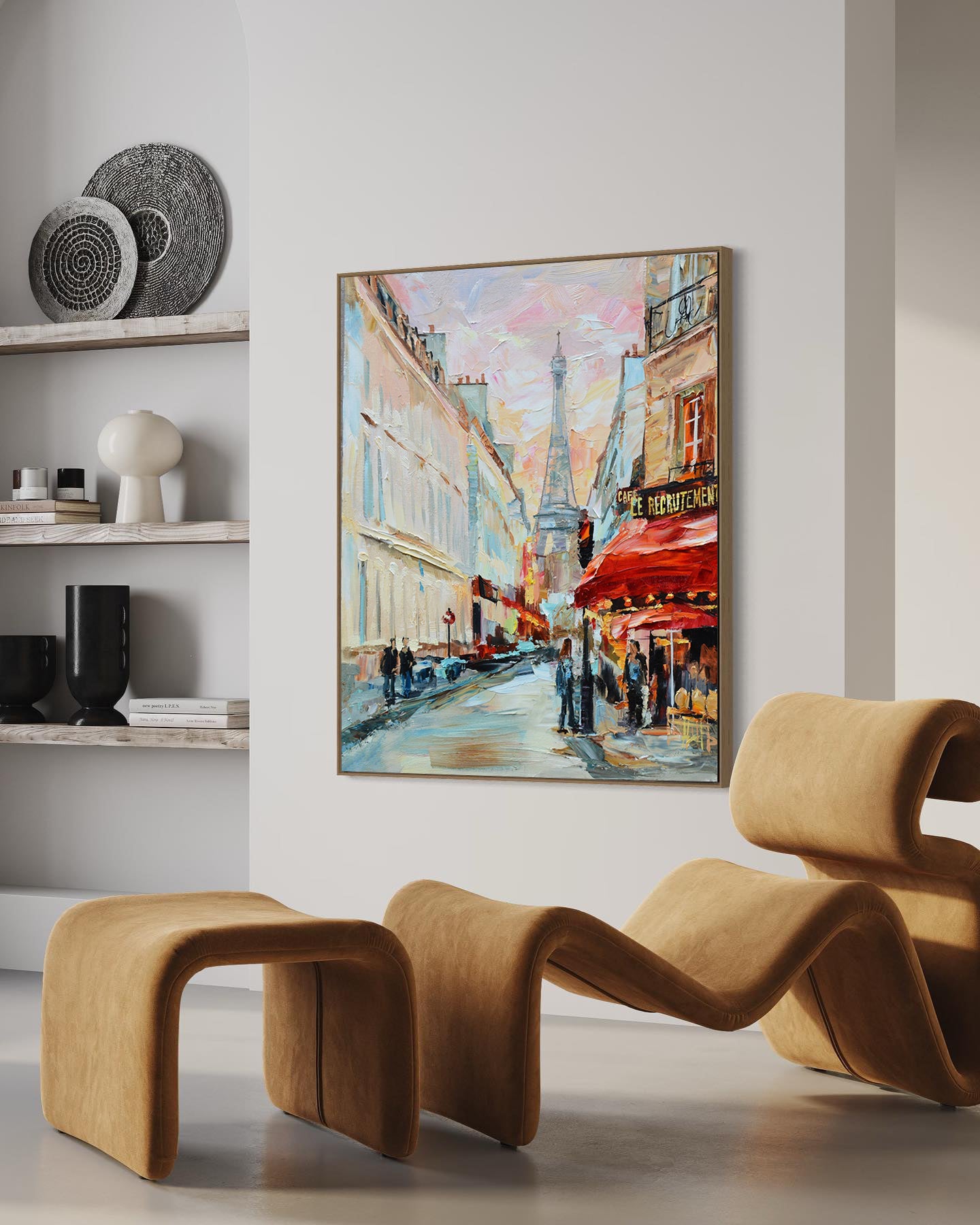 a painting of a city street in a living room