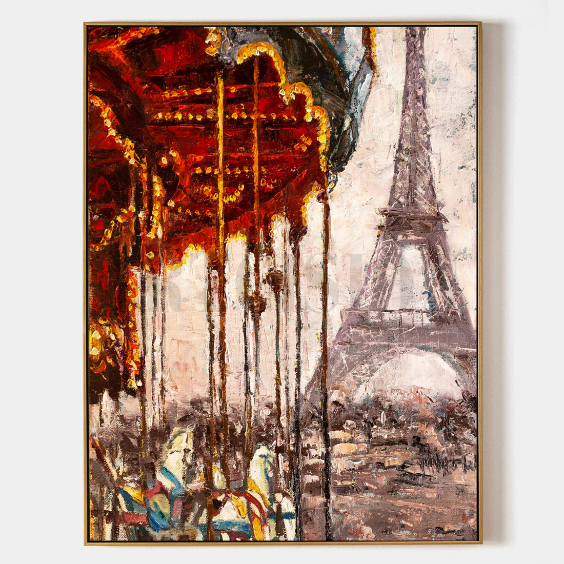 a painting of a carousel in front of the eiffel tower