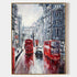 a painting of red double decker buses on a city street