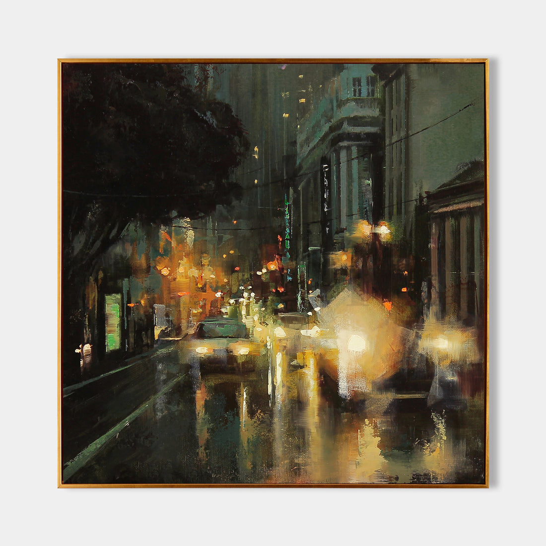 a painting of a city street at night