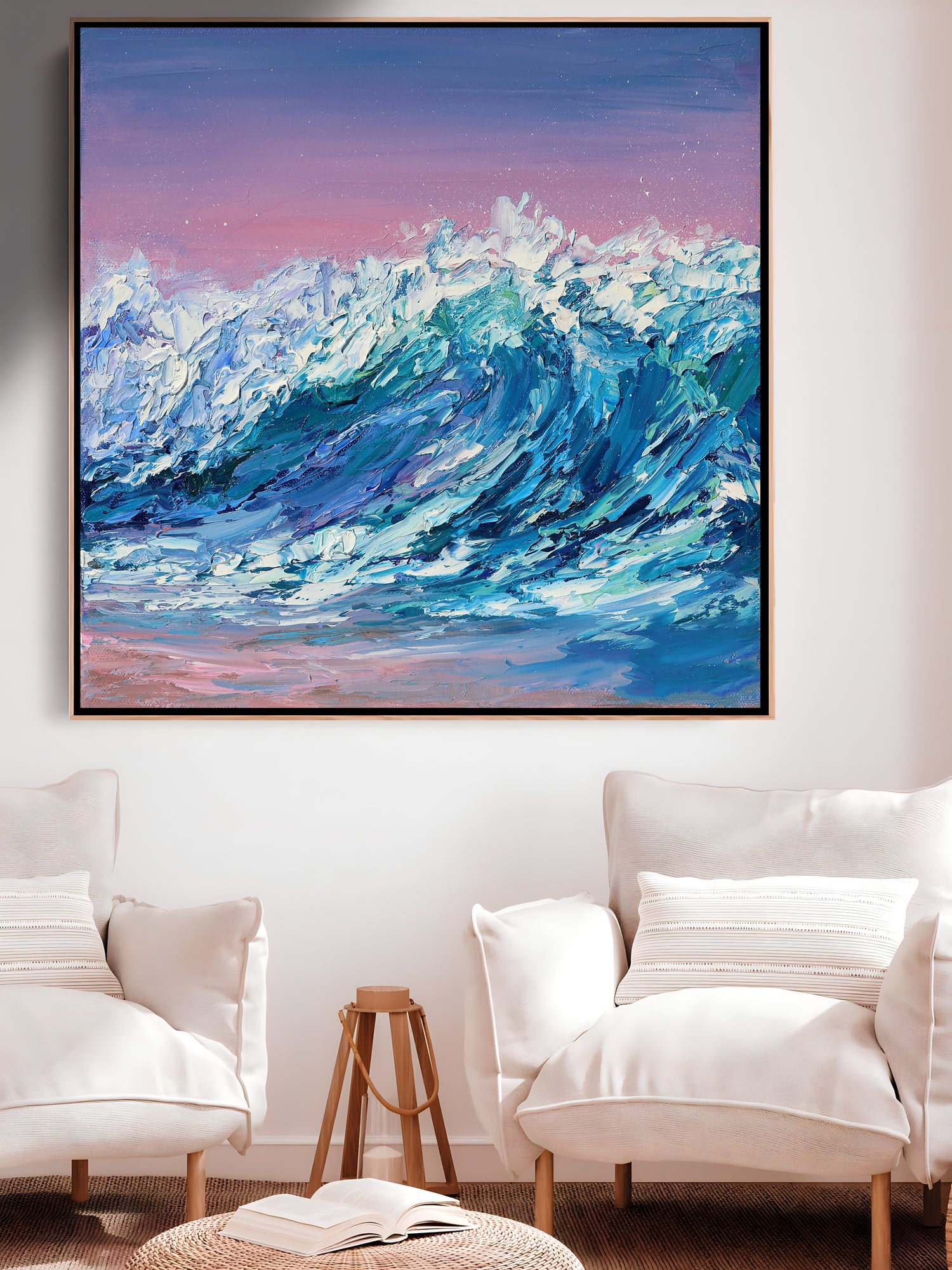 a painting of a wave in a living room