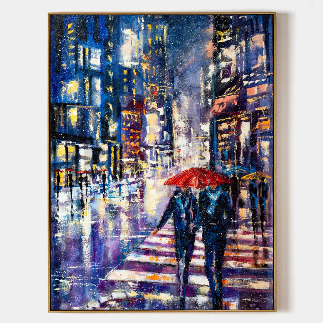 a painting of people walking down a city street in the rain