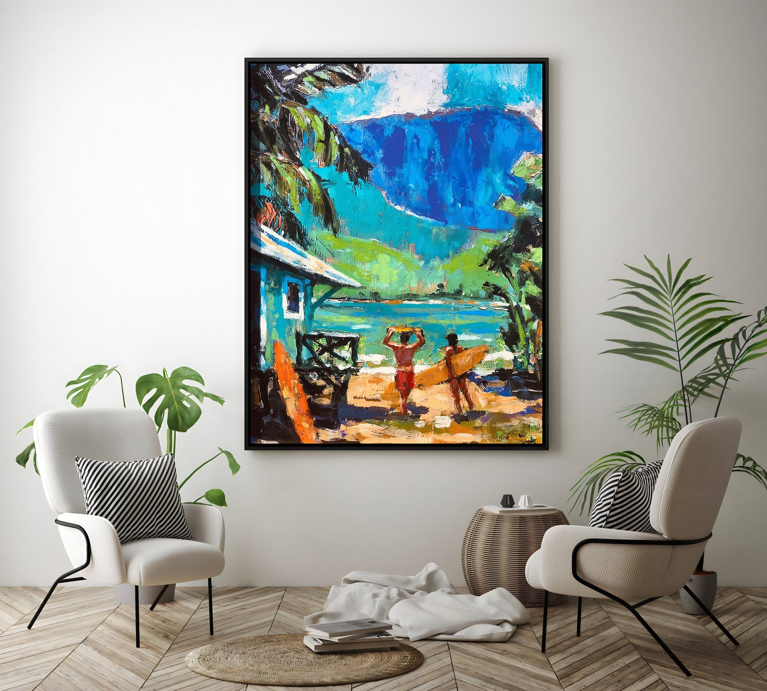 a painting of two people sitting on a beach