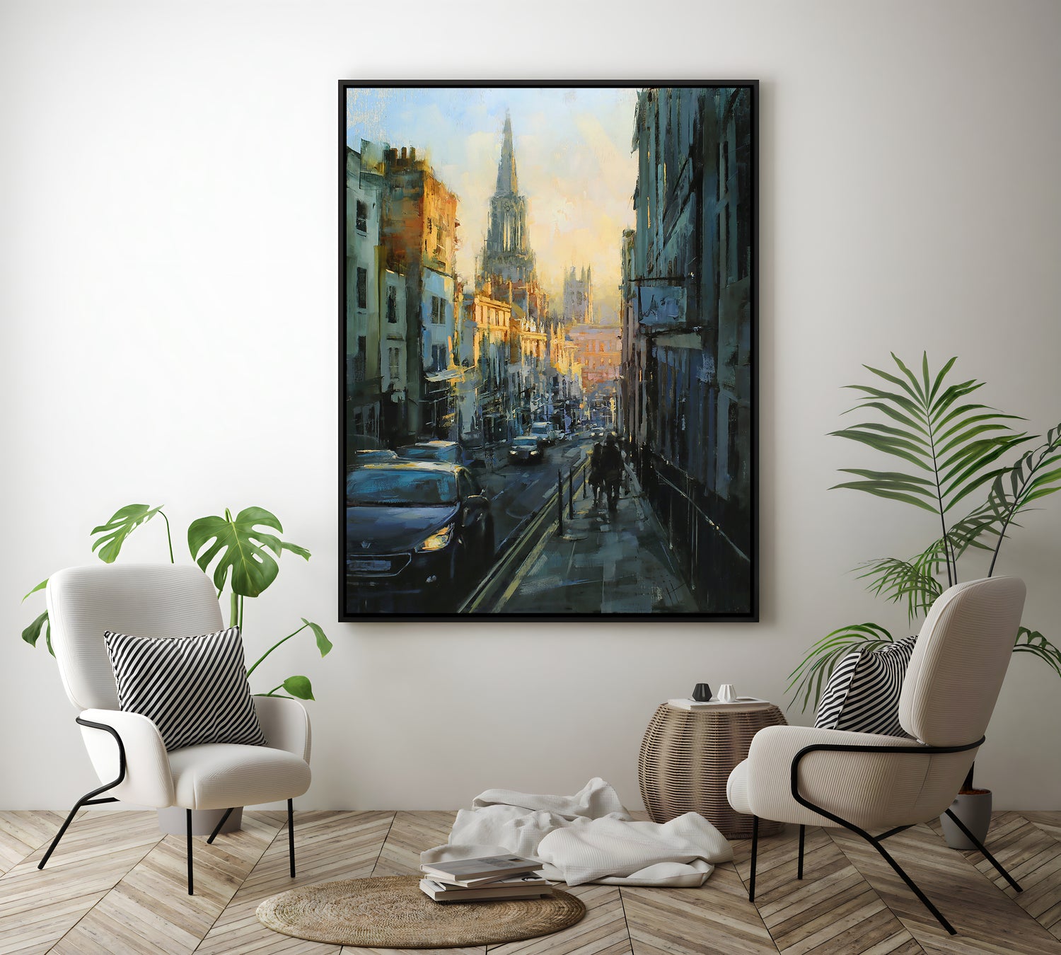 a painting of a city street with a clock tower in the background