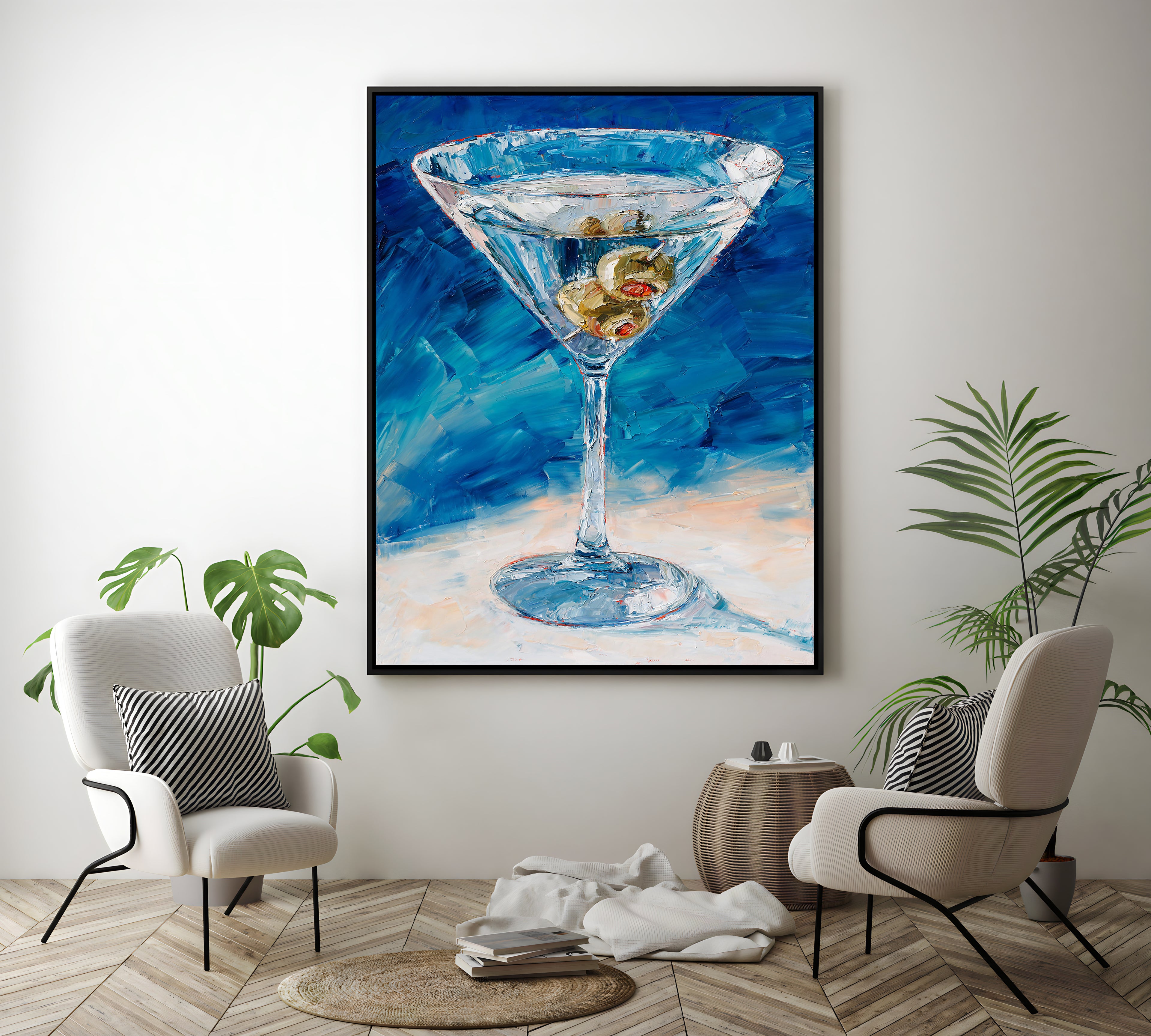 a painting of a martini glass on a wall