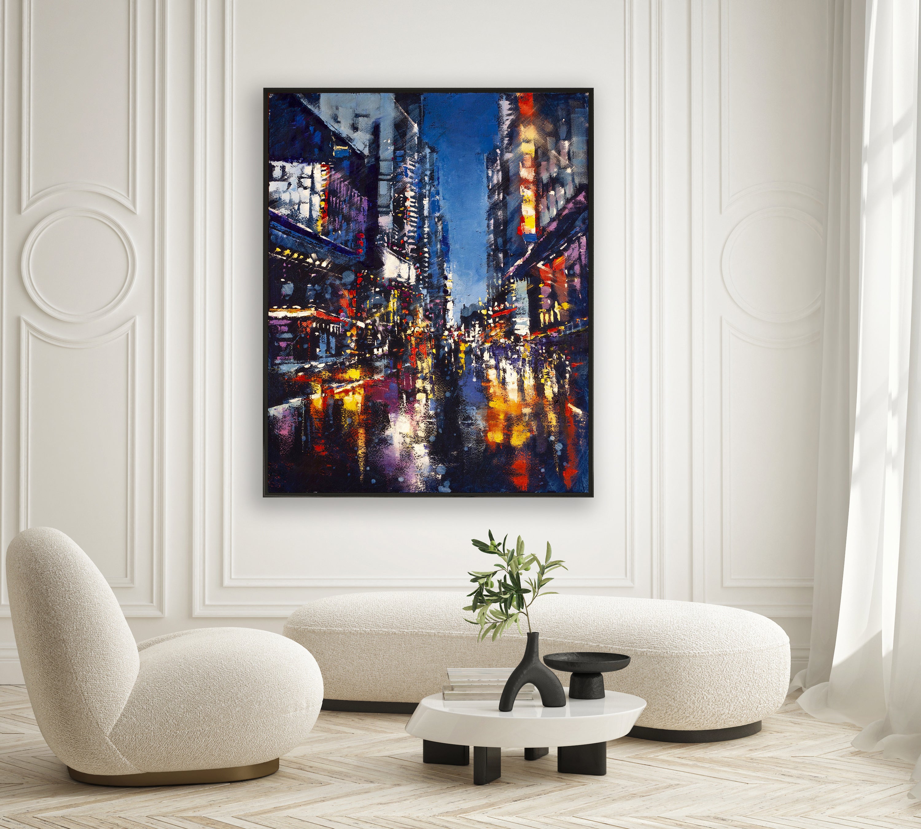 a painting of a city street at night