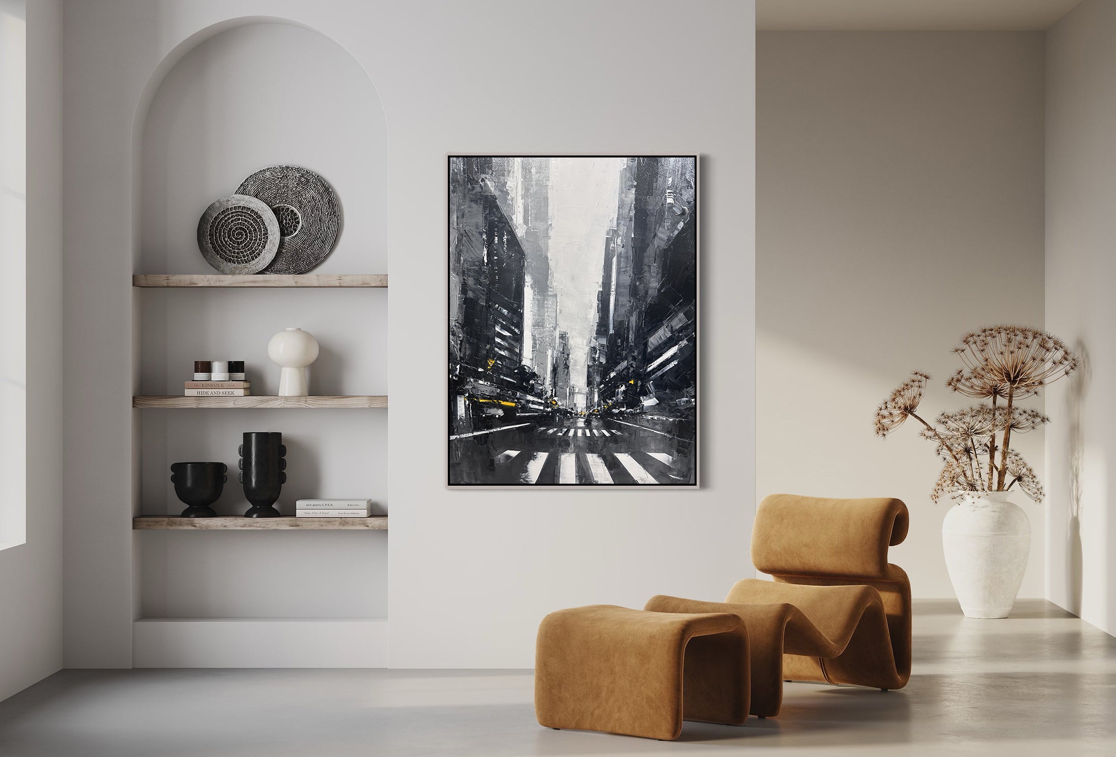 a living room with two chairs and a picture on the wall