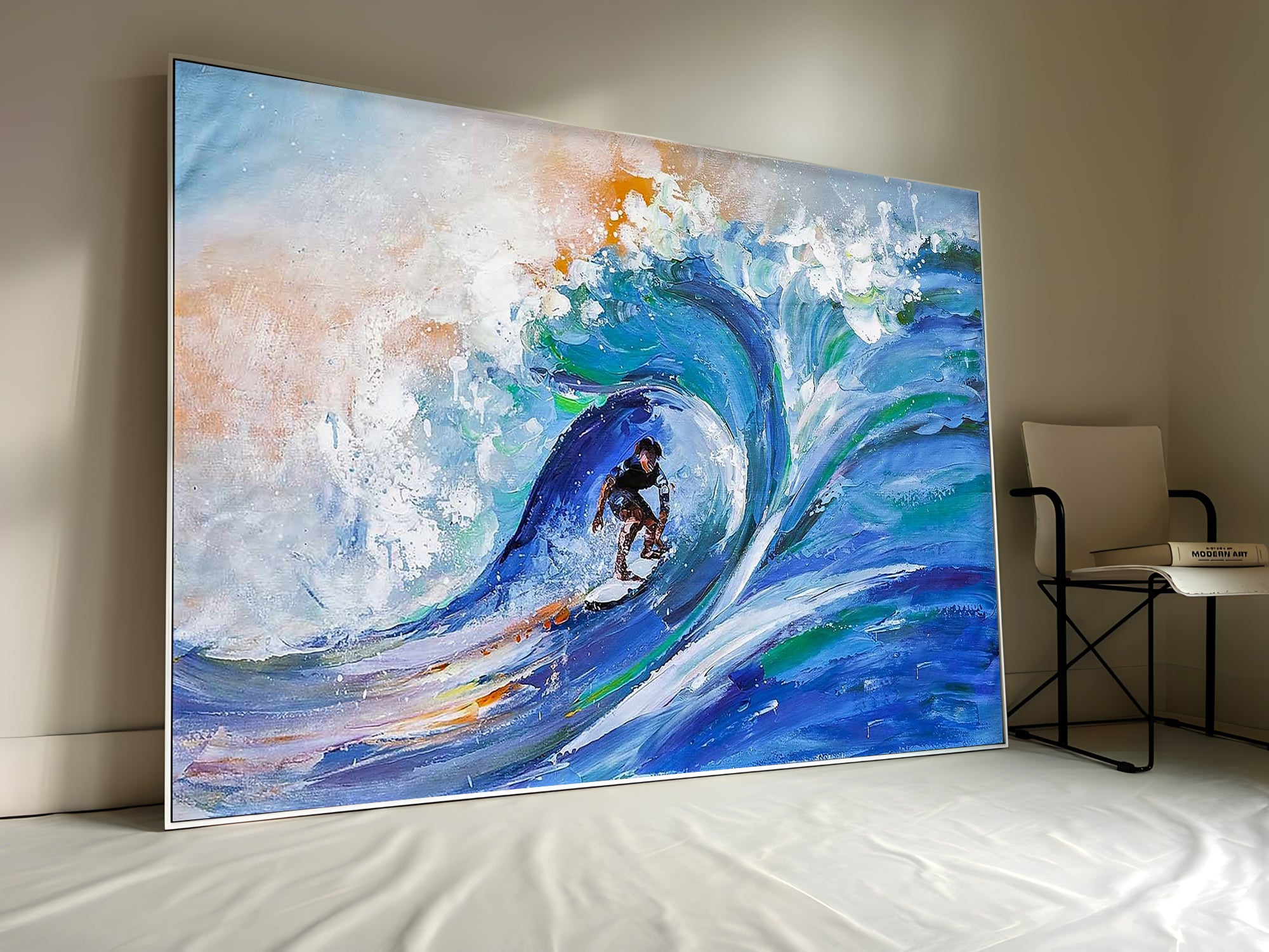 a painting of a man riding a wave on a surfboard