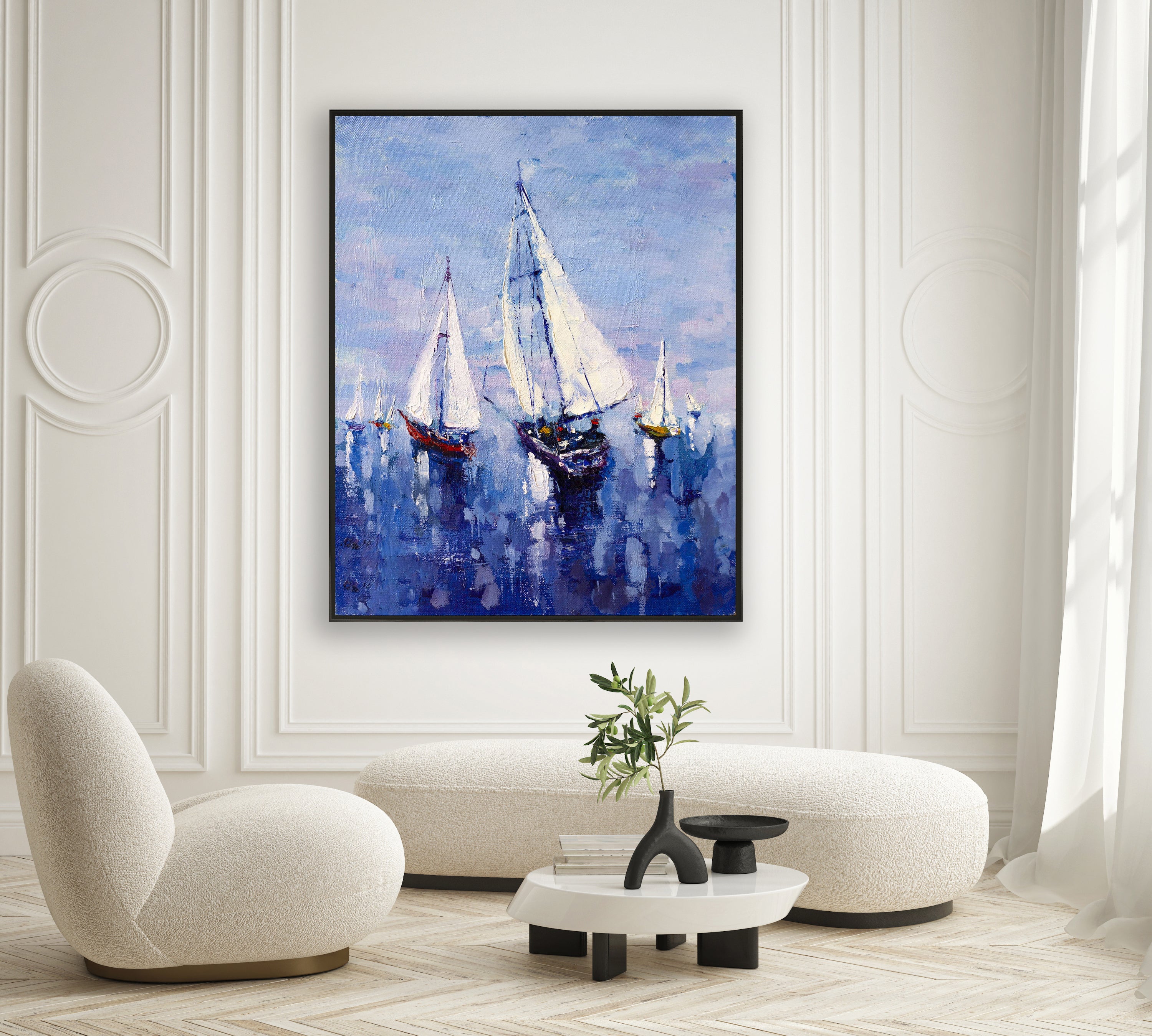 a painting of a sailboat in a room